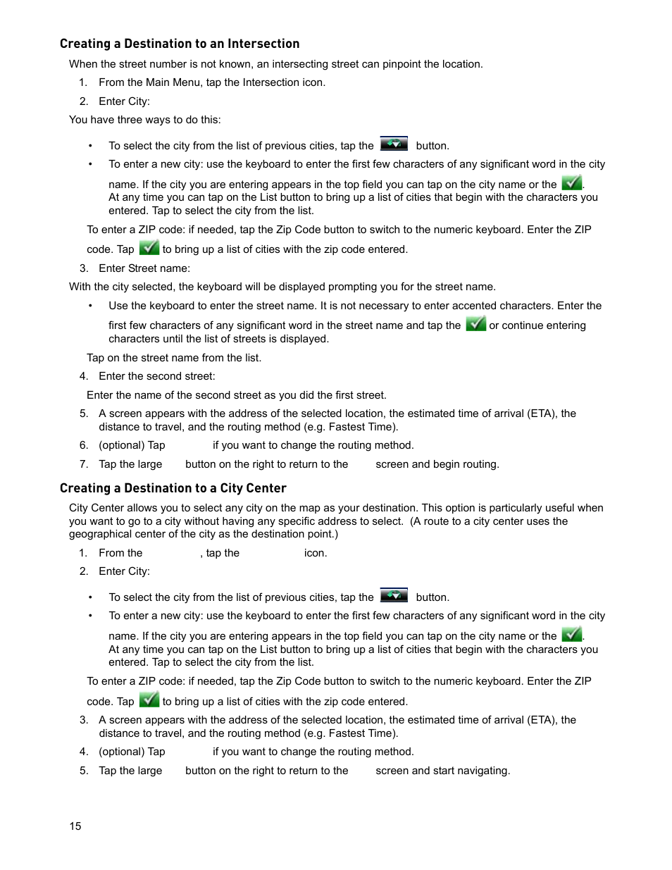 From the main menu, tap the intersection icon, Enter city, Enter street name | Enter the second street, From the main menu, tap the city center icon, Creating a destination to an intersection, Creating a destination to a city center | Magellan ROADMATE 5120 User Manual | Page 24 / 42