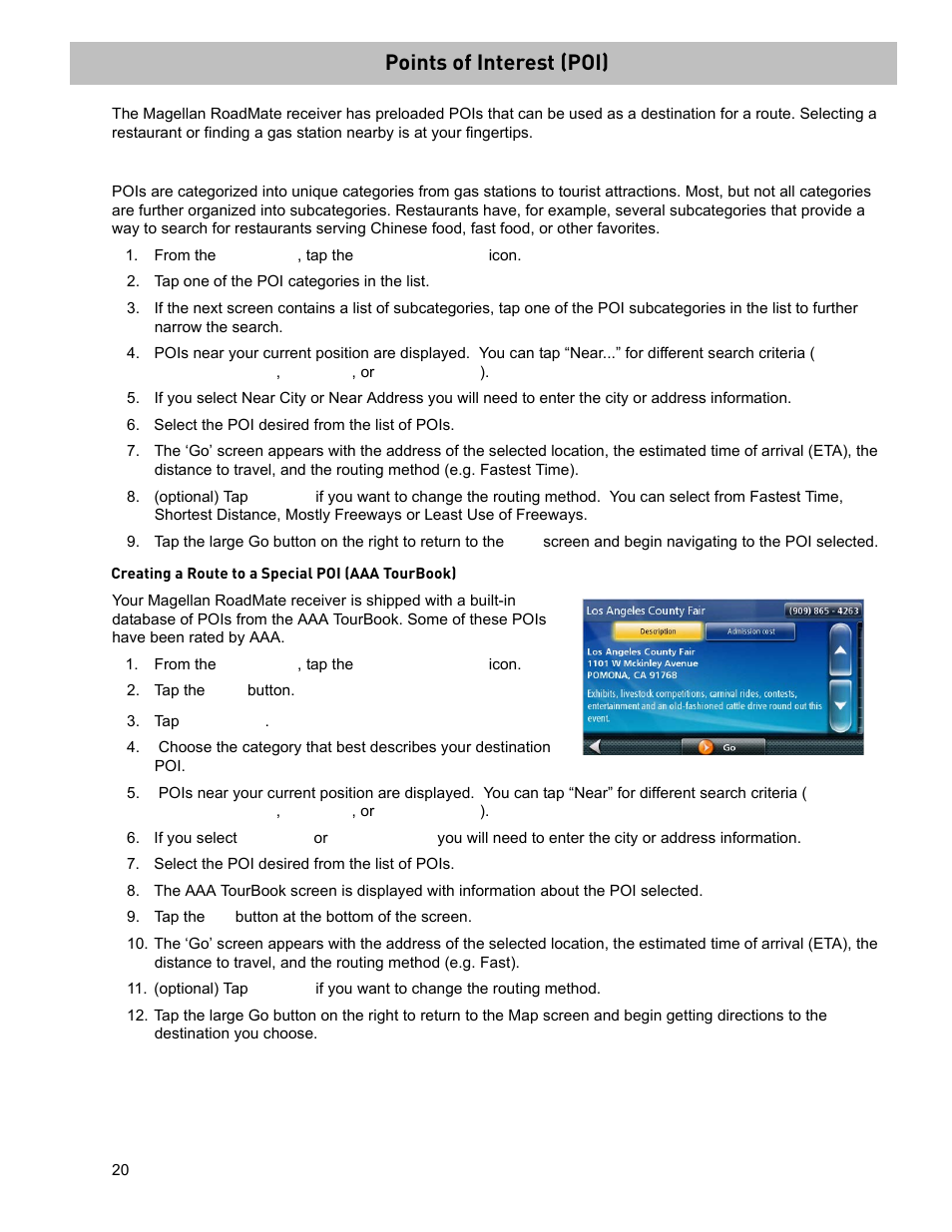 Points of interest (poi), Tap one of the poi categories in the list, Select the poi desired from the list of pois | Tap the aaa button, Tap tourbook, Tap the go button at the bottom of the screen, Creating a route to a poi by category, Creating a route to a special poi (aaa tourbook) | Magellan ROADMATE 5120 User Manual | Page 29 / 42