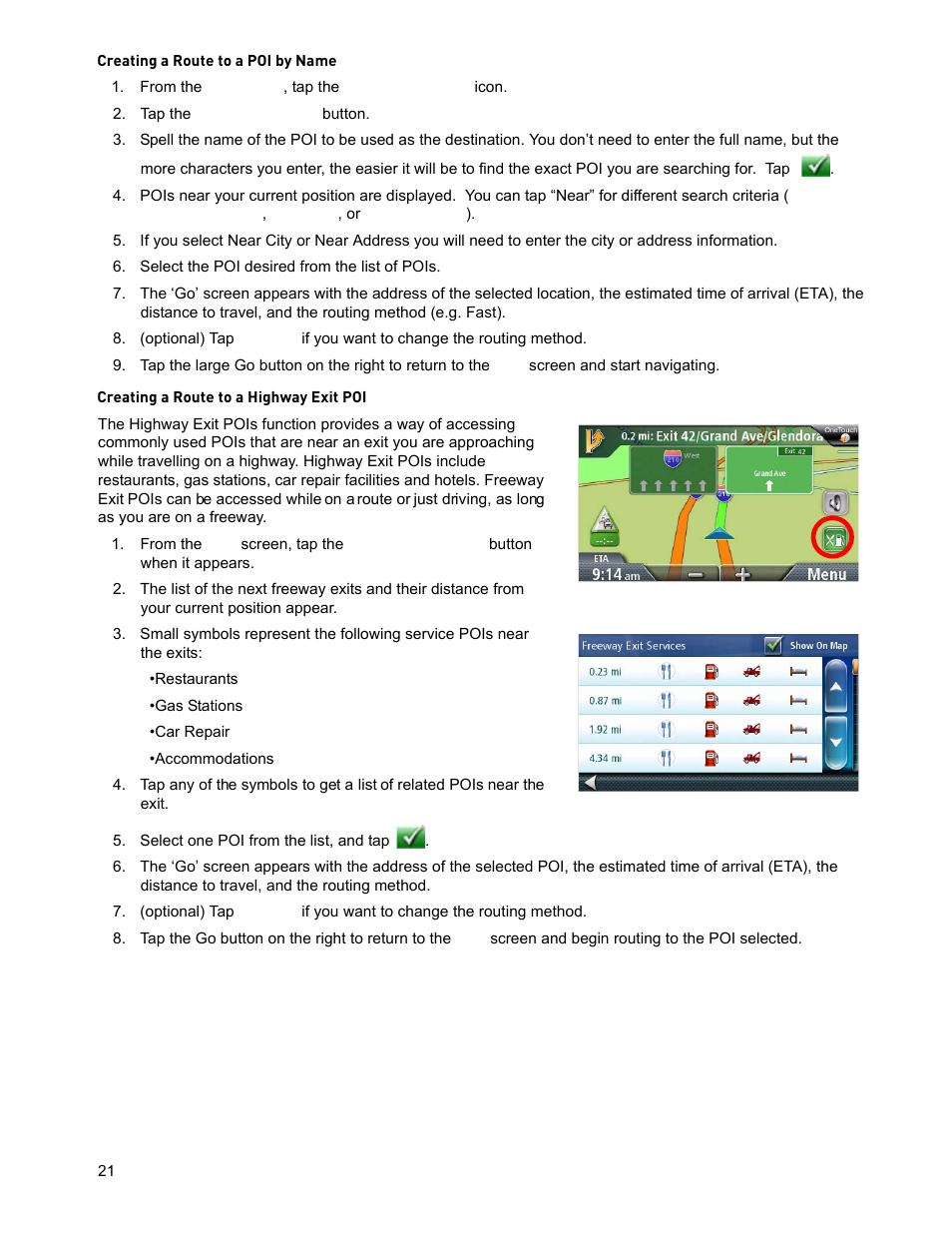 Tap the search by name button, Select the poi desired from the list of pois, Select one poi from the list, and tap | Creating a route to a poi by name, Creating a route to a highway exit poi | Magellan ROADMATE 5120 User Manual | Page 30 / 42