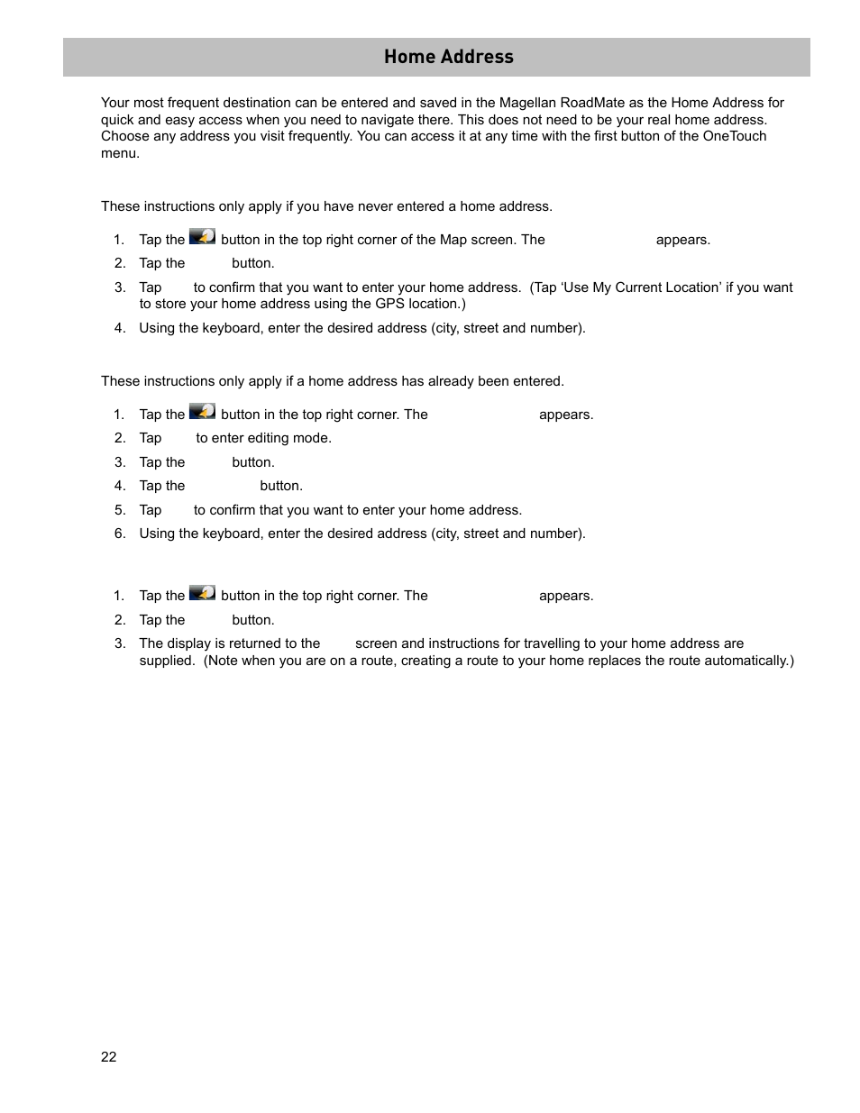 Home address, Tap the home button, Tap edit to enter editing mode | Tap the re-assign button, Saving the home address, Changing the home address, Creating a route to the home address | Magellan ROADMATE 5120 User Manual | Page 31 / 42