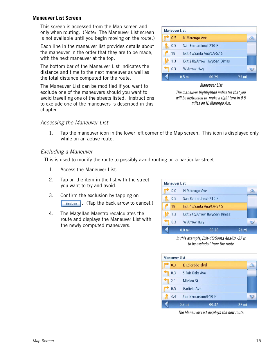 Maneuver list screen, Accessing the maneuver list, Excluding a maneuver | Magellan Maestro 4000 User Manual | Page 25 / 75