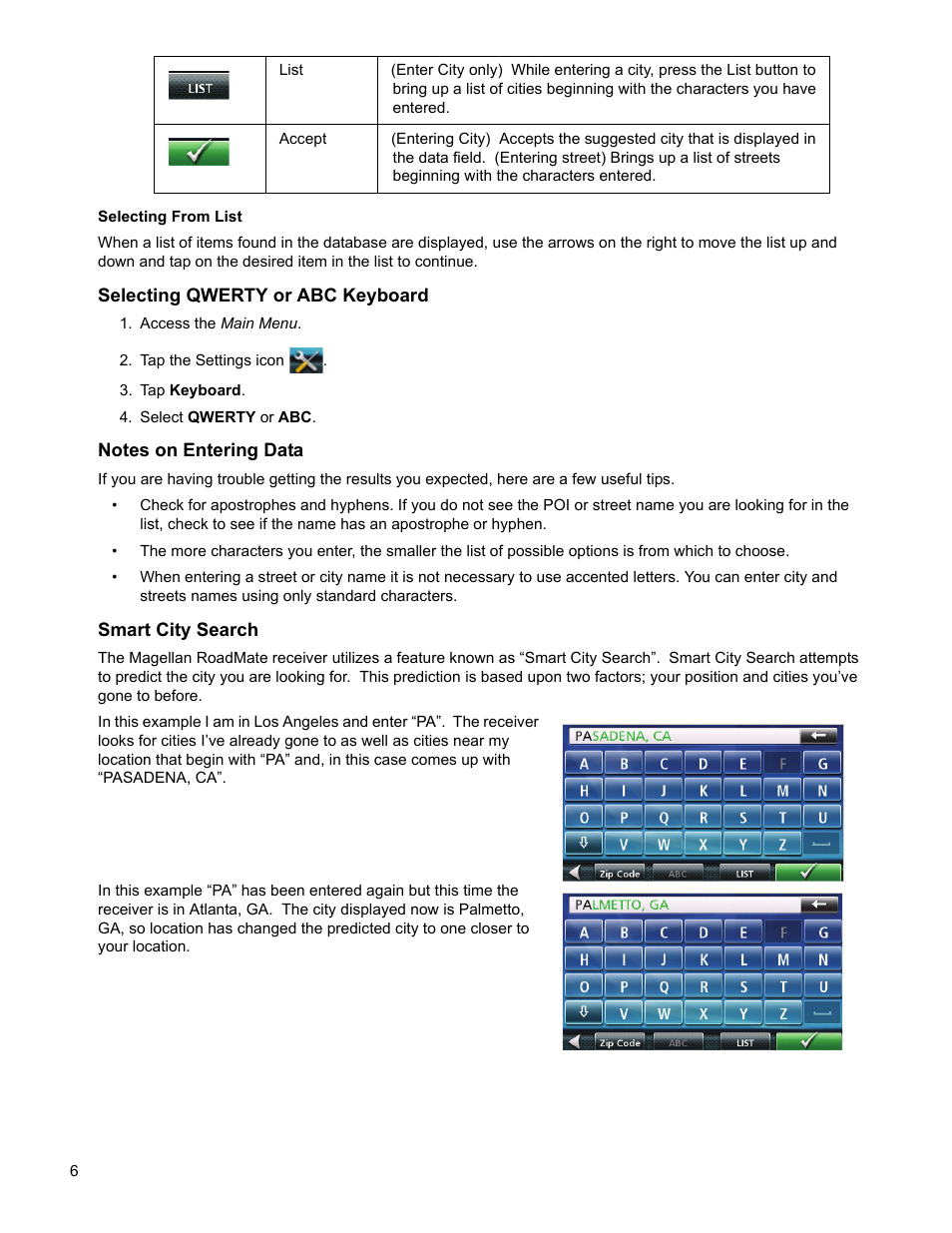 Access the main menu, Tap the settings icon, Tap keyboard | Select qwerty or abc, Selecting qwerty or abc keyboard, Notes on entering data, Smart city search | Magellan RoadMate 2036 User Manual | Page 15 / 42