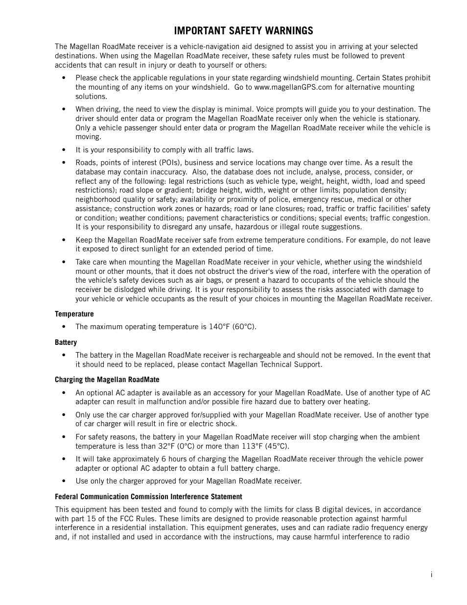Important safety warnings | Magellan RoadMate 1340 User Manual | Page 2 / 44