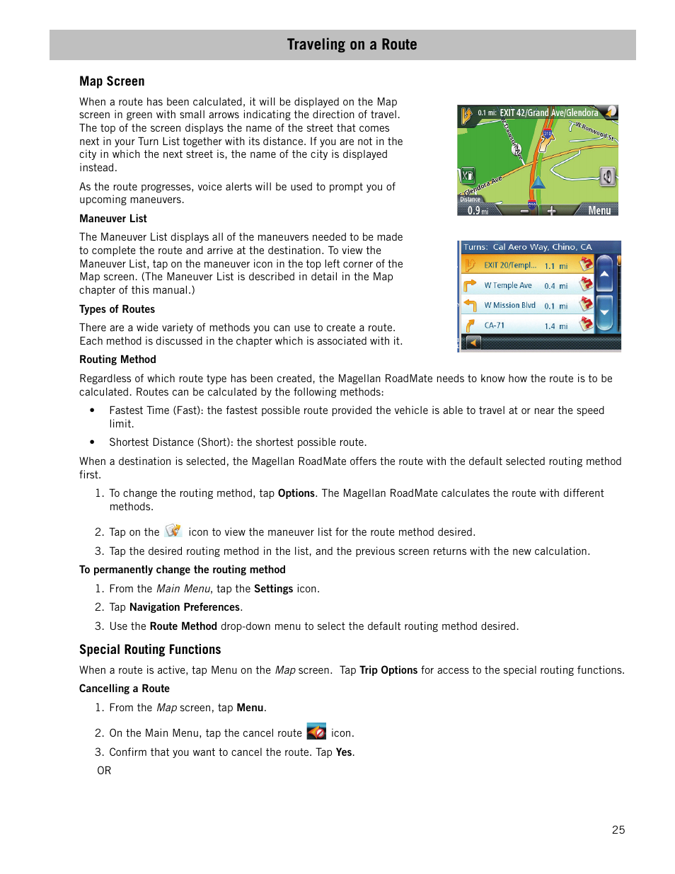 Traveling on a route, Map screen, Maneuver list | Types of routes, Routing method, To permanently change the routing method, Special routing functions, Cancelling a route | Magellan RoadMate 1340 User Manual | Page 33 / 44