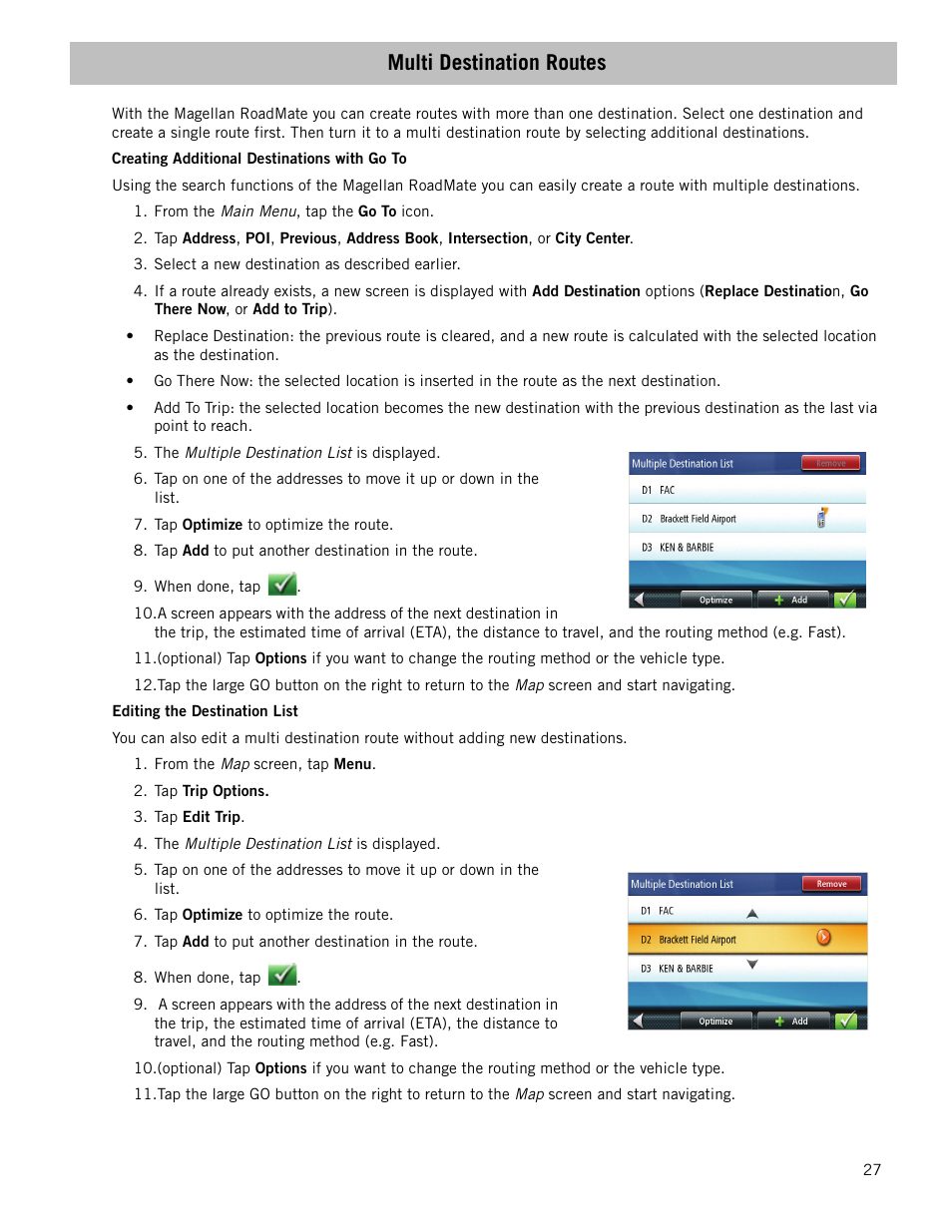 Multi destination routes, Creating additional destinations with go to, Editing the destination list | Magellan RoadMate 1340 User Manual | Page 35 / 44