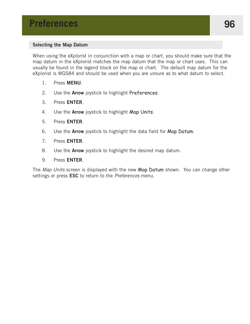 Selecting the map datum, Preferences 96 | Magellan eXplorist 400 User Manual | Page 103 / 119