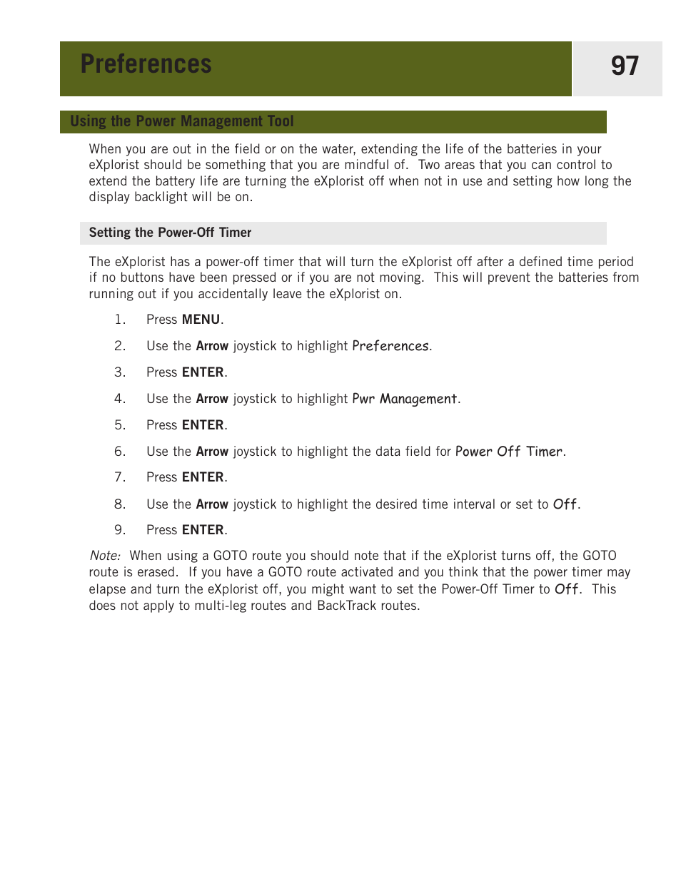 Using the power management tool, Setting the power-off timer, Preferences 97 | Magellan eXplorist 400 User Manual | Page 104 / 119