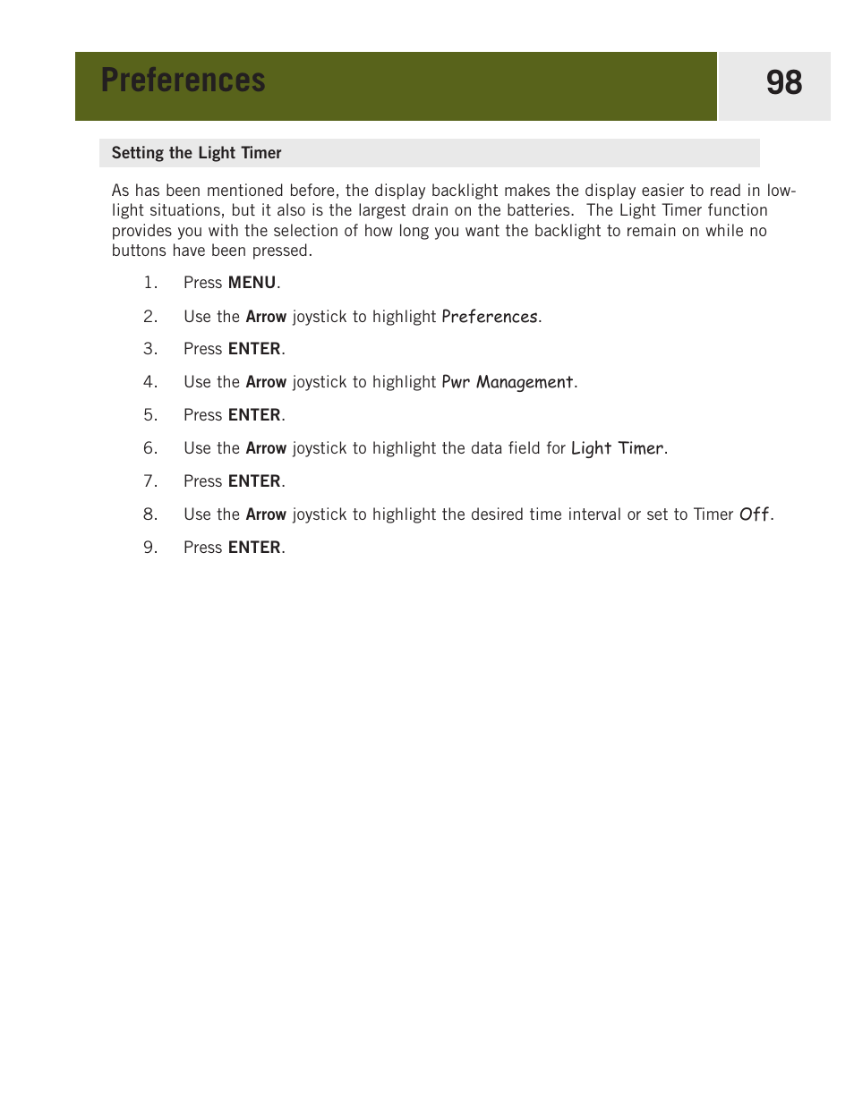 Setting the light timer, Preferences 98 | Magellan eXplorist 400 User Manual | Page 105 / 119