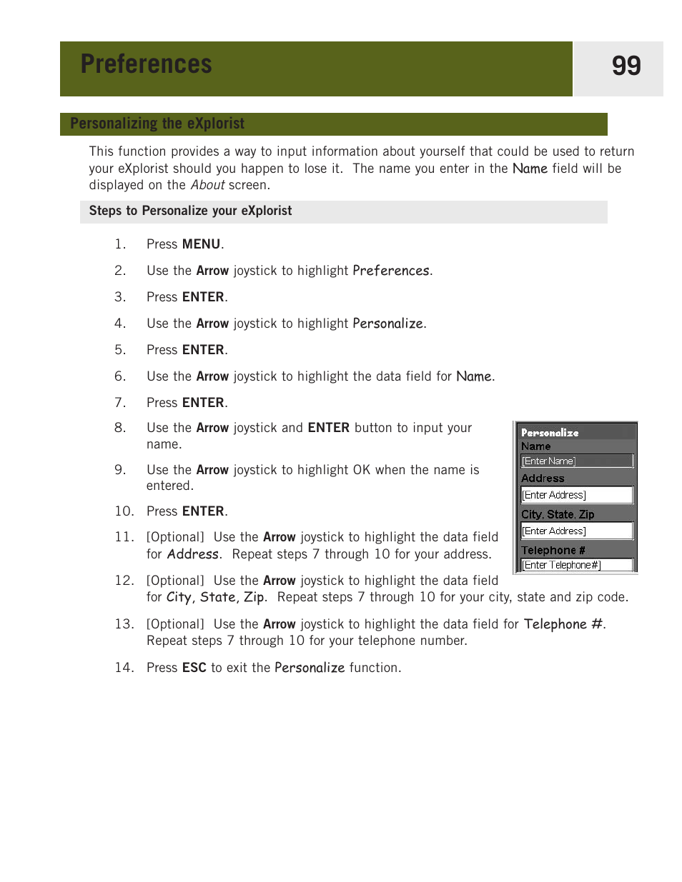 Personalizing the explorist, Steps to personalize your explorist, Preferences 99 | Magellan eXplorist 400 User Manual | Page 106 / 119