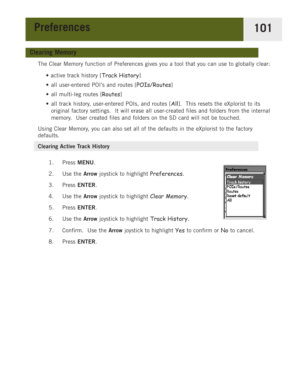 Clearing memory, Clearing active track history, Preferences 101 | Magellan eXplorist 400 User Manual | Page 108 / 119
