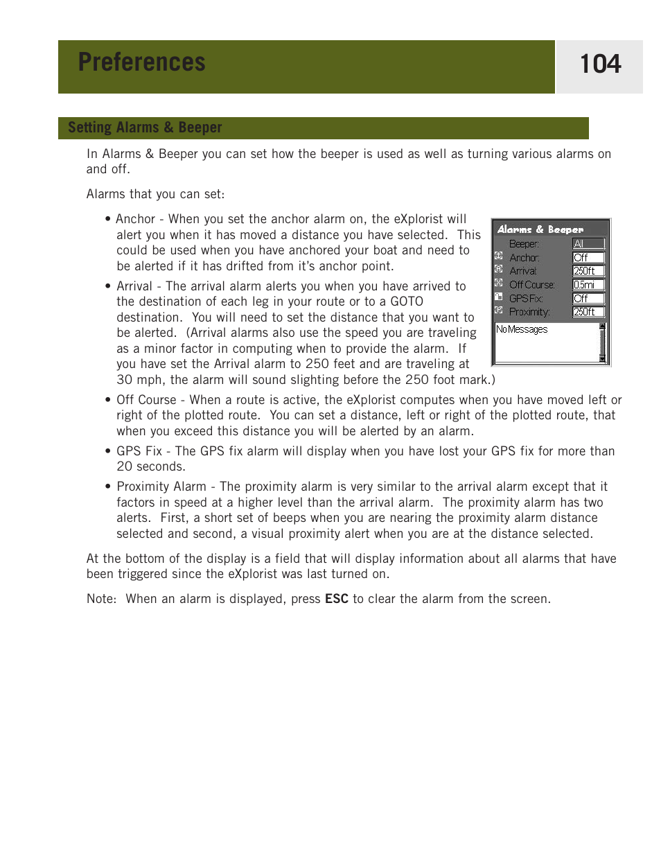 Setting alarms and beeper, Selecting the north reference, Setting alarms & beepers | Preferences 104 | Magellan eXplorist 400 User Manual | Page 111 / 119