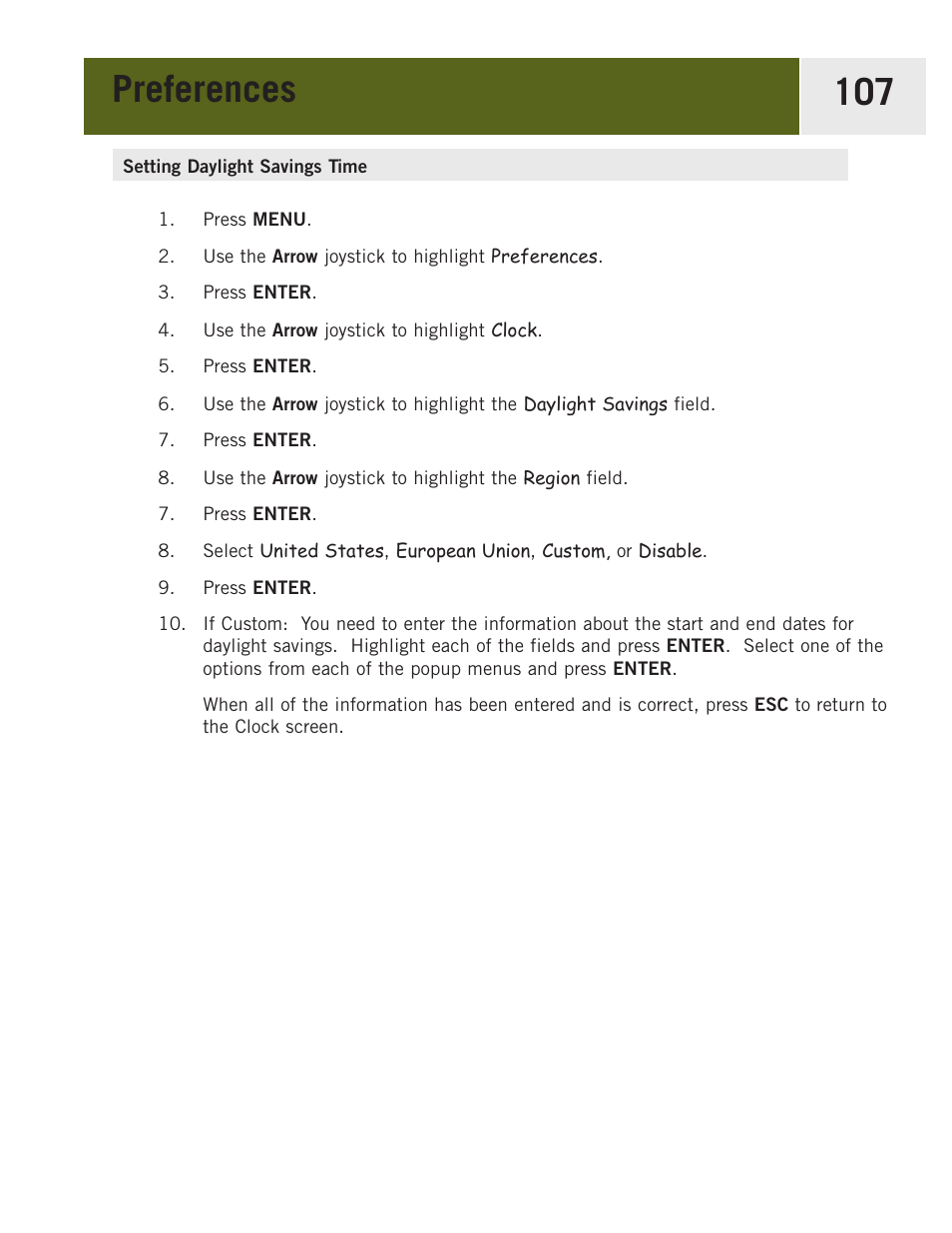 Setting daylight savings time, Preferences 107 | Magellan eXplorist 400 User Manual | Page 114 / 119