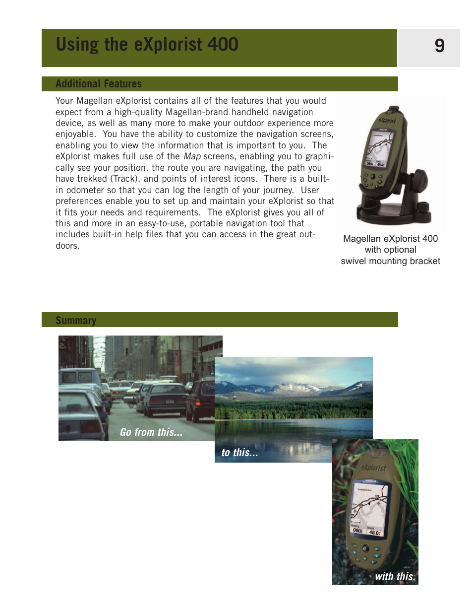 Additional features, Summary, Using the explorist 400 9 | Magellan eXplorist 400 User Manual | Page 16 / 119