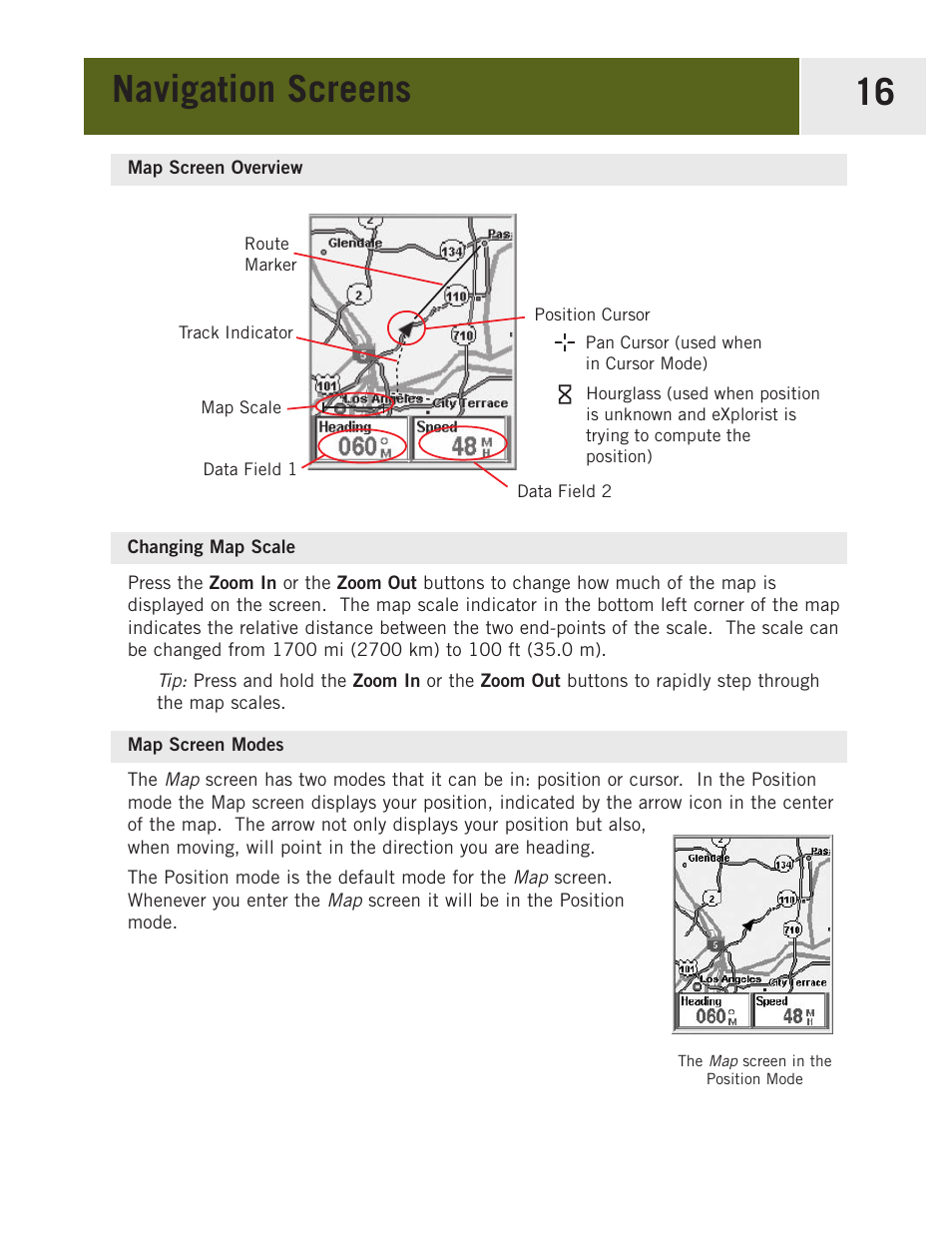 Map screen overview, Changing map scale, Map screen modes | Navigation screens 16 | Magellan eXplorist 400 User Manual | Page 23 / 119