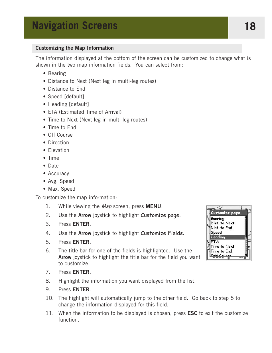 Customizing the map information, Navigation screens 18 | Magellan eXplorist 400 User Manual | Page 25 / 119