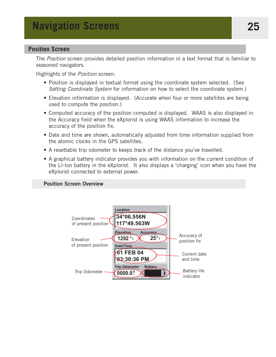 Position screen, Position screen overview, Navigation screens 25 | Magellan eXplorist 400 User Manual | Page 32 / 119