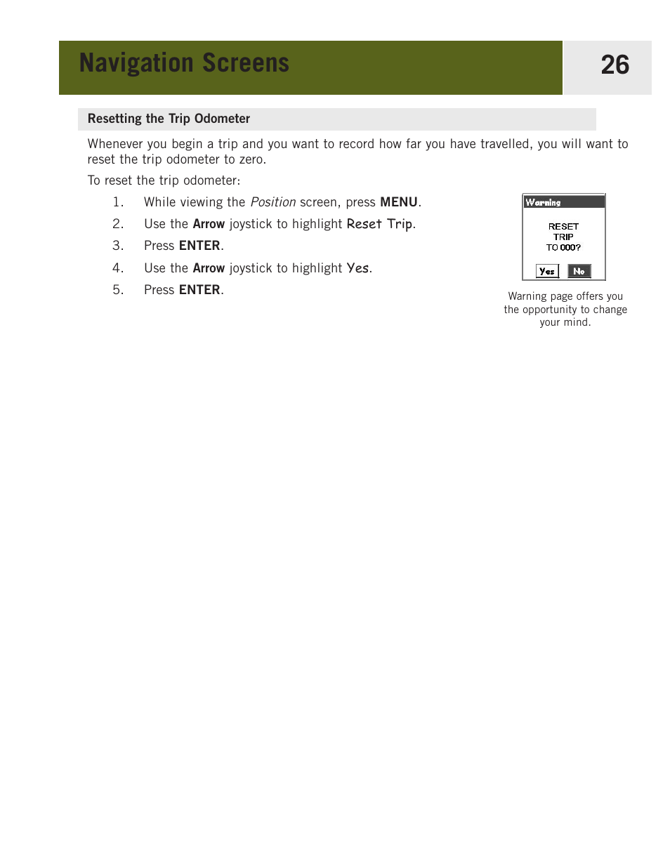 Resetting the trip odometer, Navigation screens 26 | Magellan eXplorist 400 User Manual | Page 33 / 119