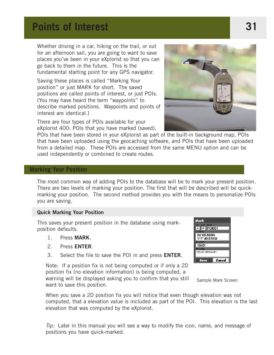 Points of interest, Marking your position, Quick marking your position | Quick-marking your position | Magellan eXplorist 400 User Manual | Page 38 / 119