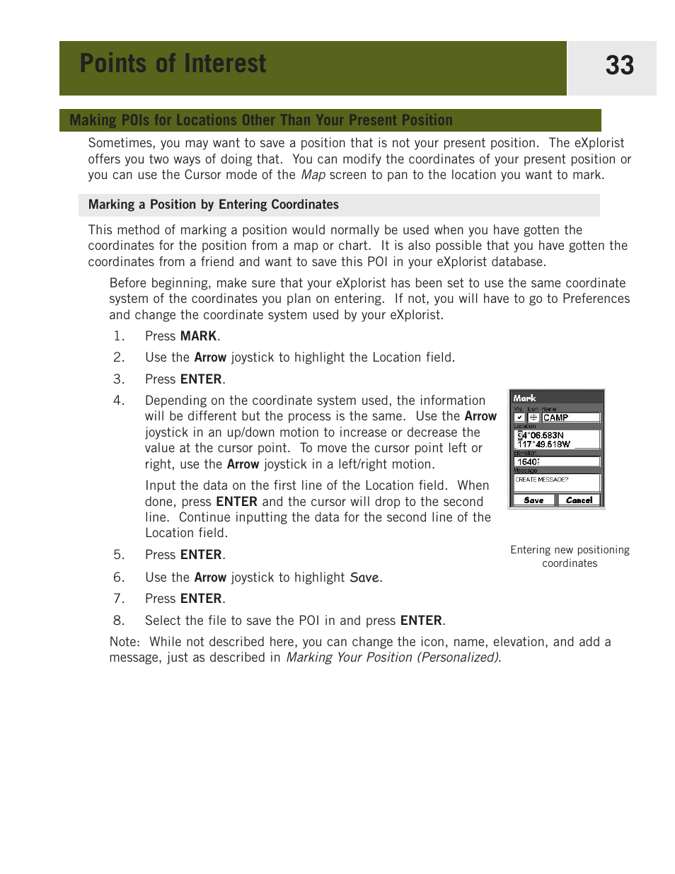 Marking a position by entering coordinates, Points of interest 33 | Magellan eXplorist 400 User Manual | Page 40 / 119