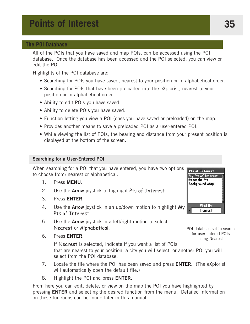 The poi database, Searching for a user-entered poi, Points of interest 35 | Magellan eXplorist 400 User Manual | Page 42 / 119
