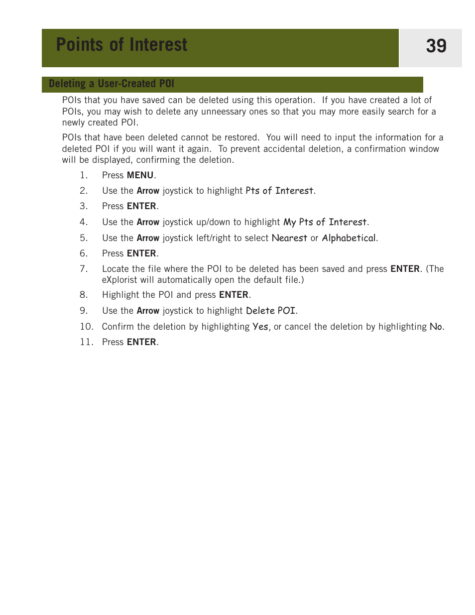 Deleting a user-created poi, Points of interest 39 | Magellan eXplorist 400 User Manual | Page 46 / 119