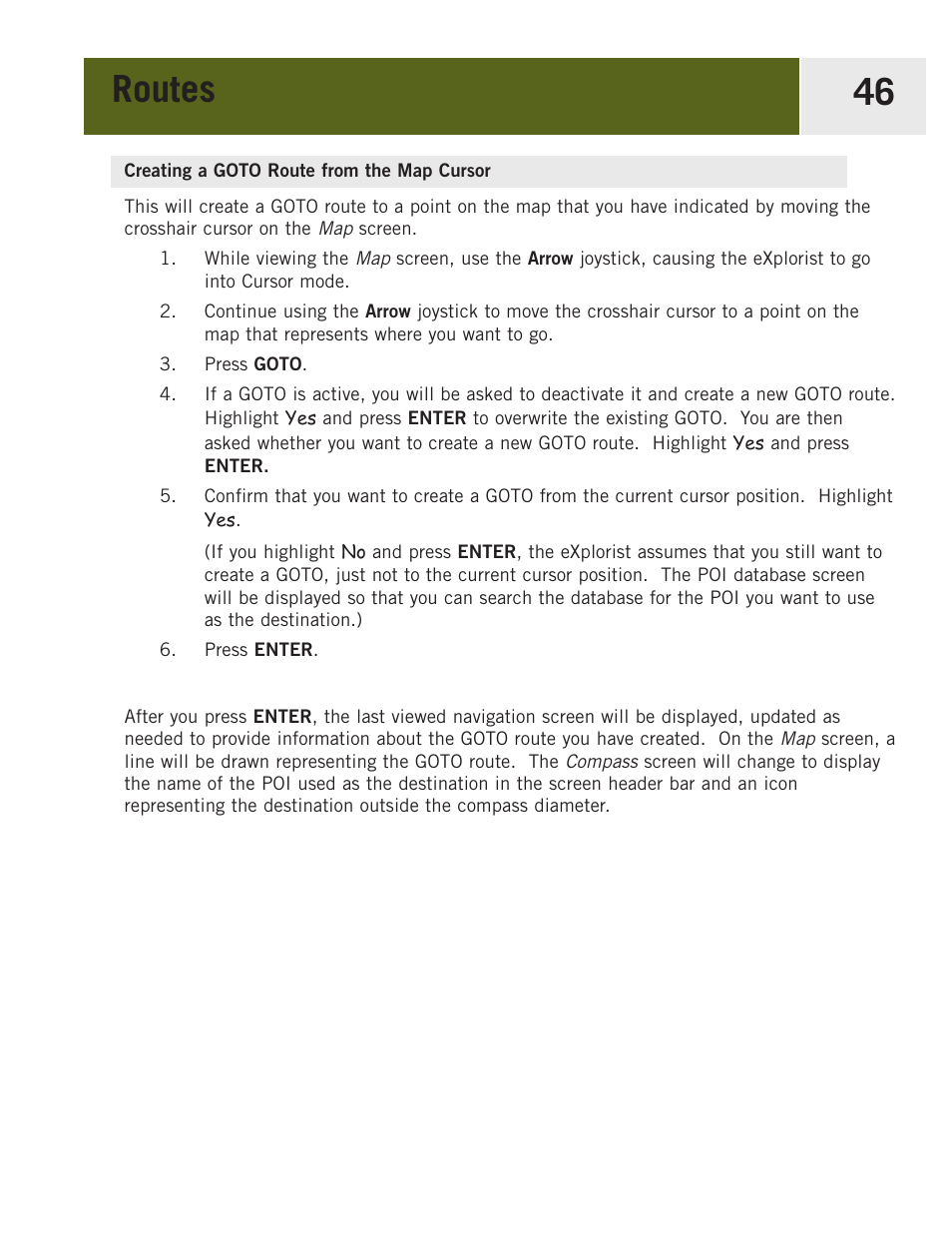 Creating a goto route from the map cursor, Routes 46 | Magellan eXplorist 400 User Manual | Page 53 / 119