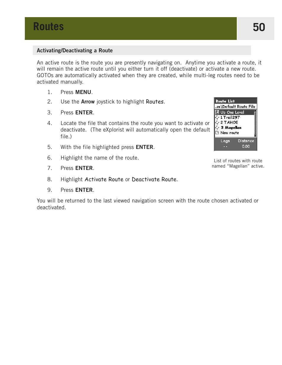 Activating/deactivating a route, Routes 50 | Magellan eXplorist 400 User Manual | Page 57 / 119