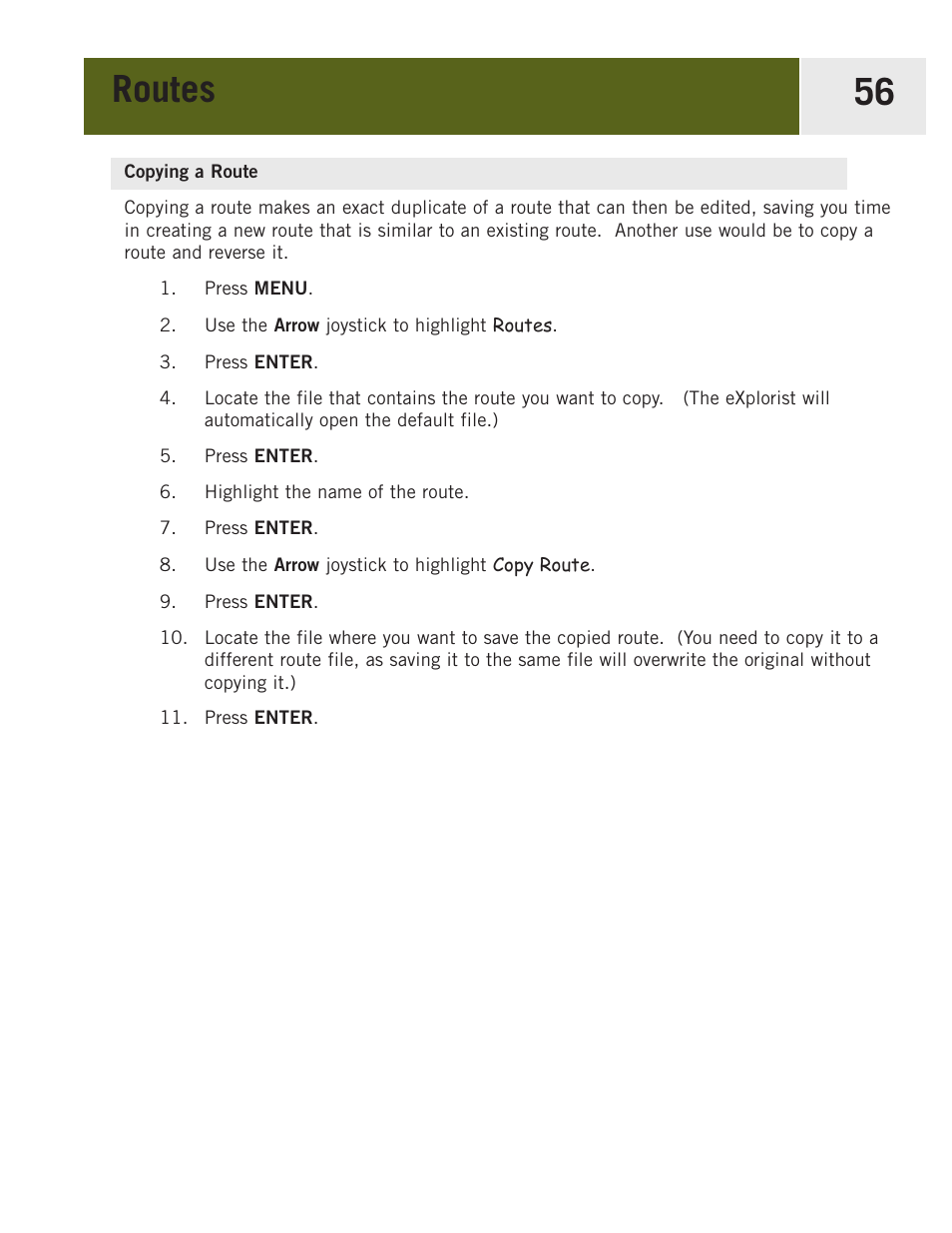 Copying a route, Routes 56 | Magellan eXplorist 400 User Manual | Page 63 / 119