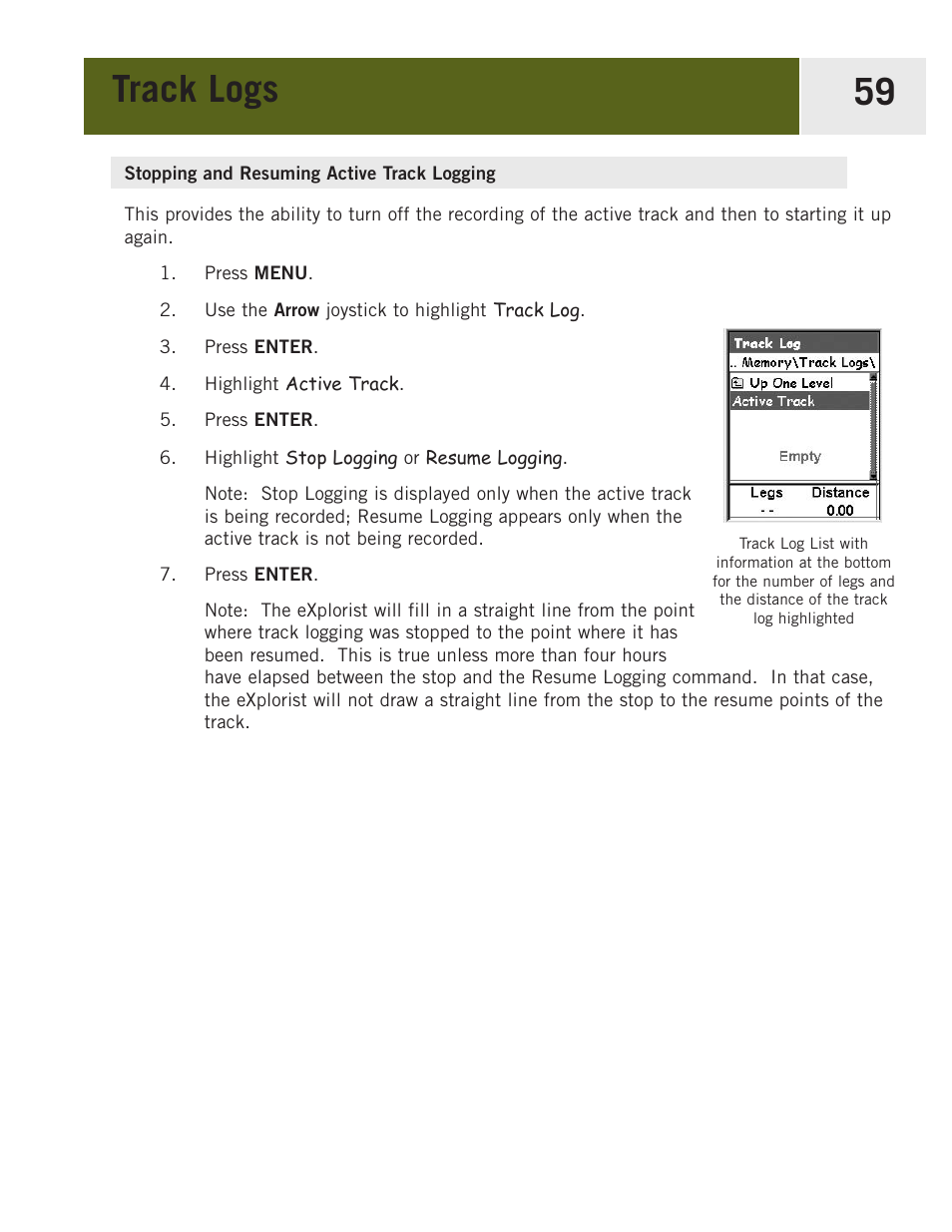 Stopping and resuming active track logging, Track logs 59 | Magellan eXplorist 400 User Manual | Page 66 / 119