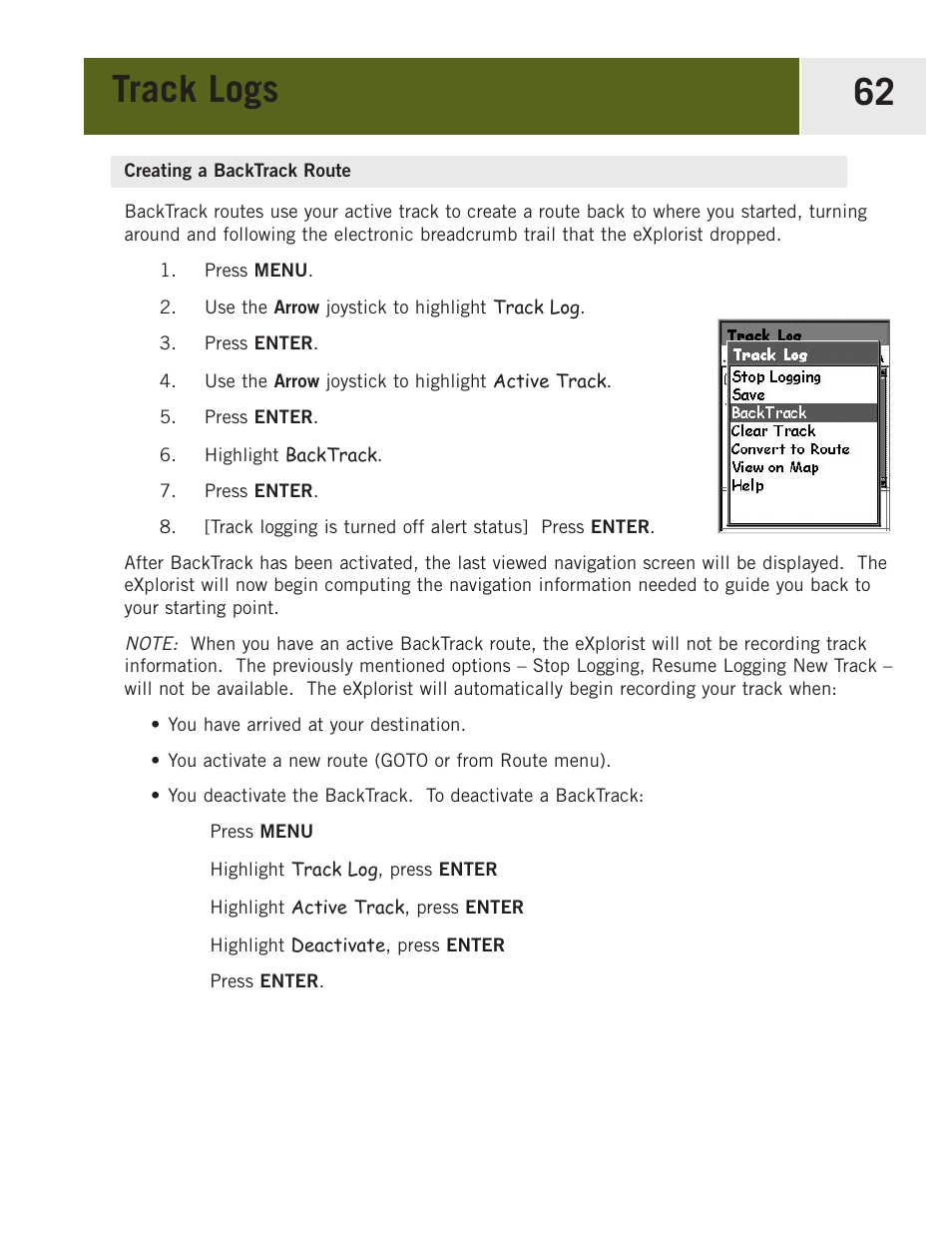 Creating a backtrack route, Track logs 62 | Magellan eXplorist 400 User Manual | Page 69 / 119