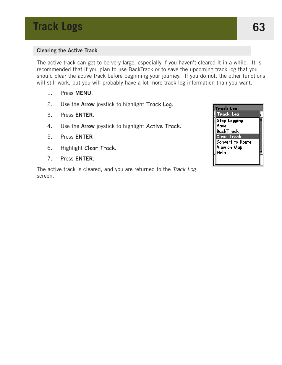 Clearing the active track, Track logs 63 | Magellan eXplorist 400 User Manual | Page 70 / 119