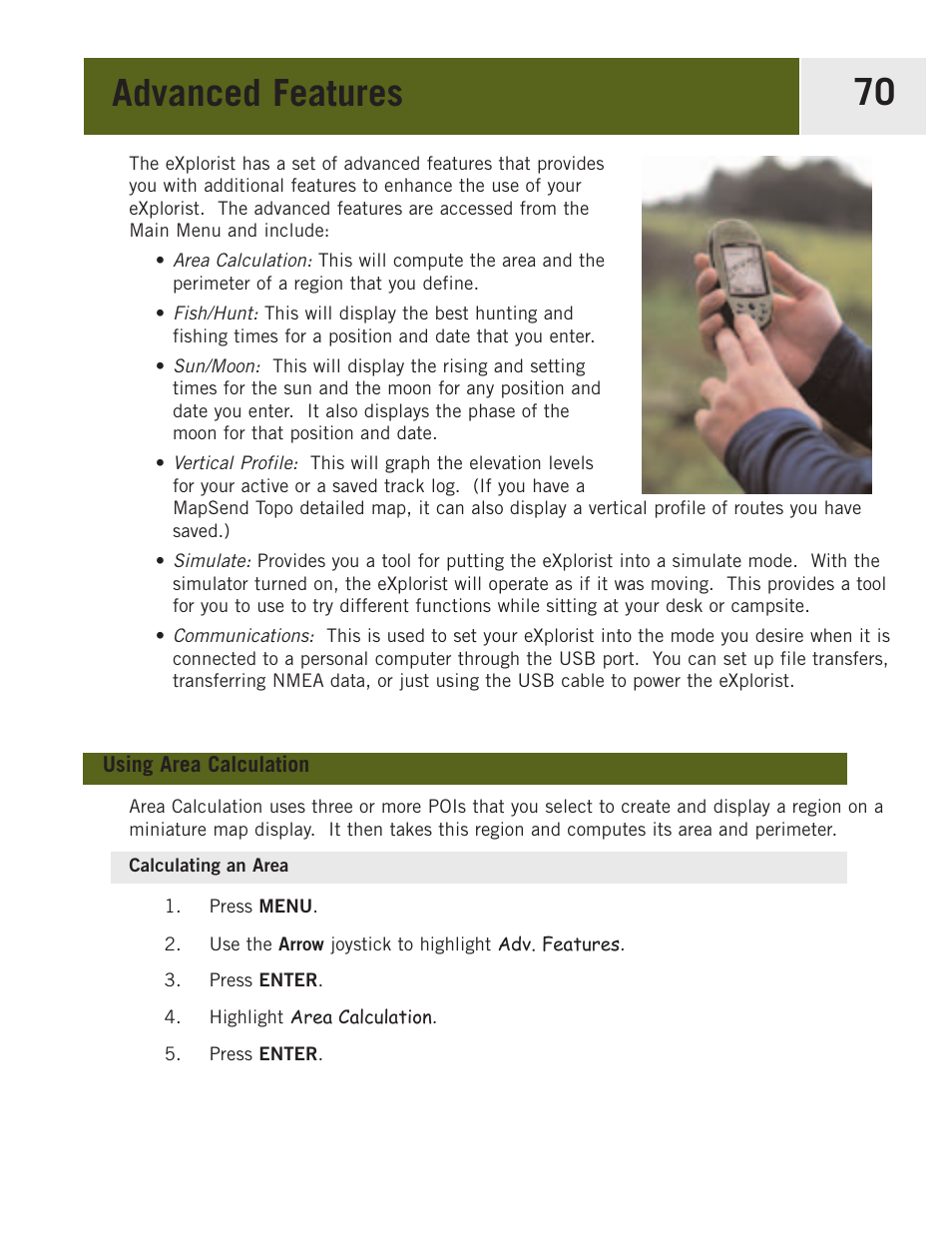 Advanced features, Using area calculation, Calculating an area | Magellan eXplorist 400 User Manual | Page 77 / 119