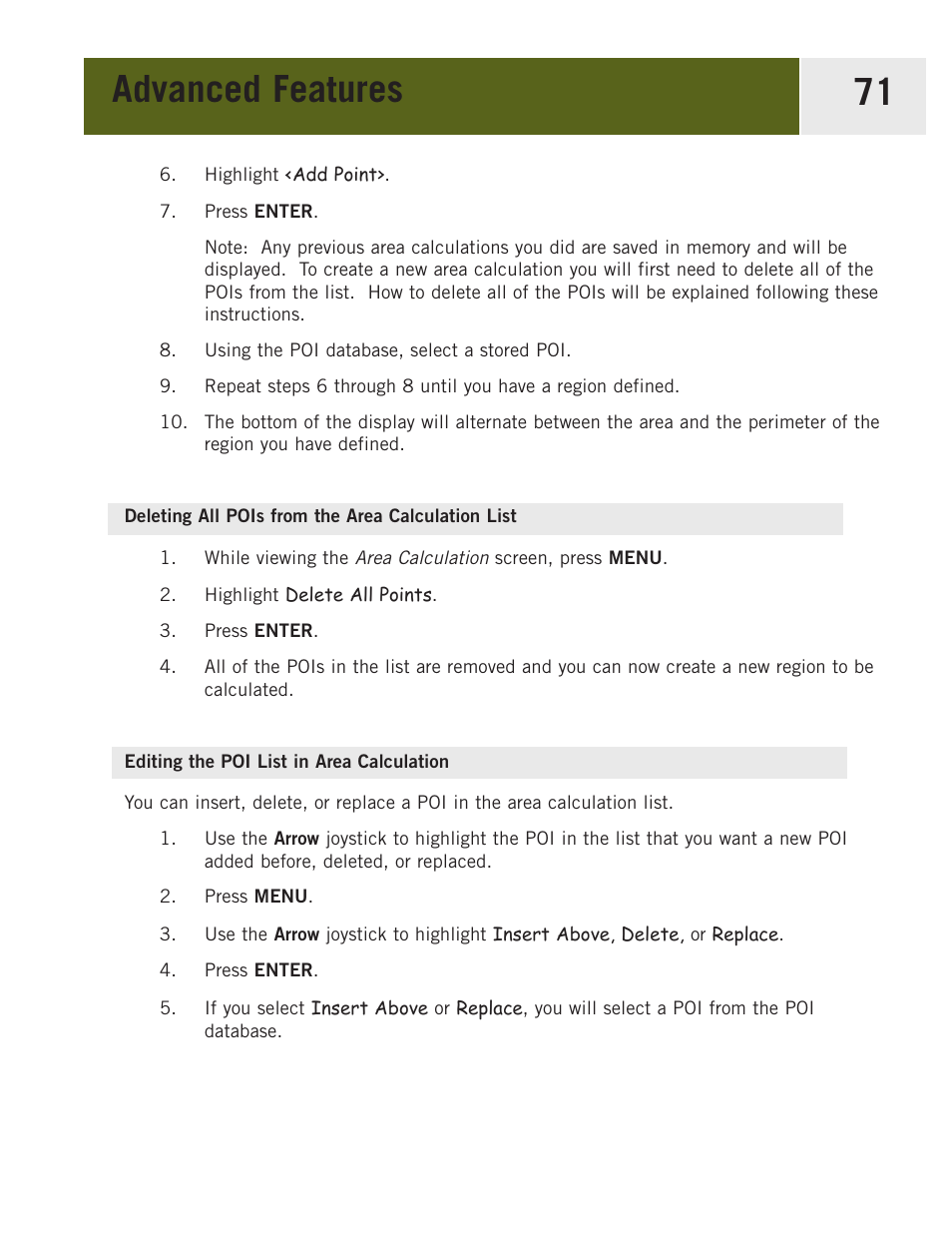 Deleting all pois from the area calculation list, Editing the poi list in area calculation, Advanced features 71 | Magellan eXplorist 400 User Manual | Page 78 / 119