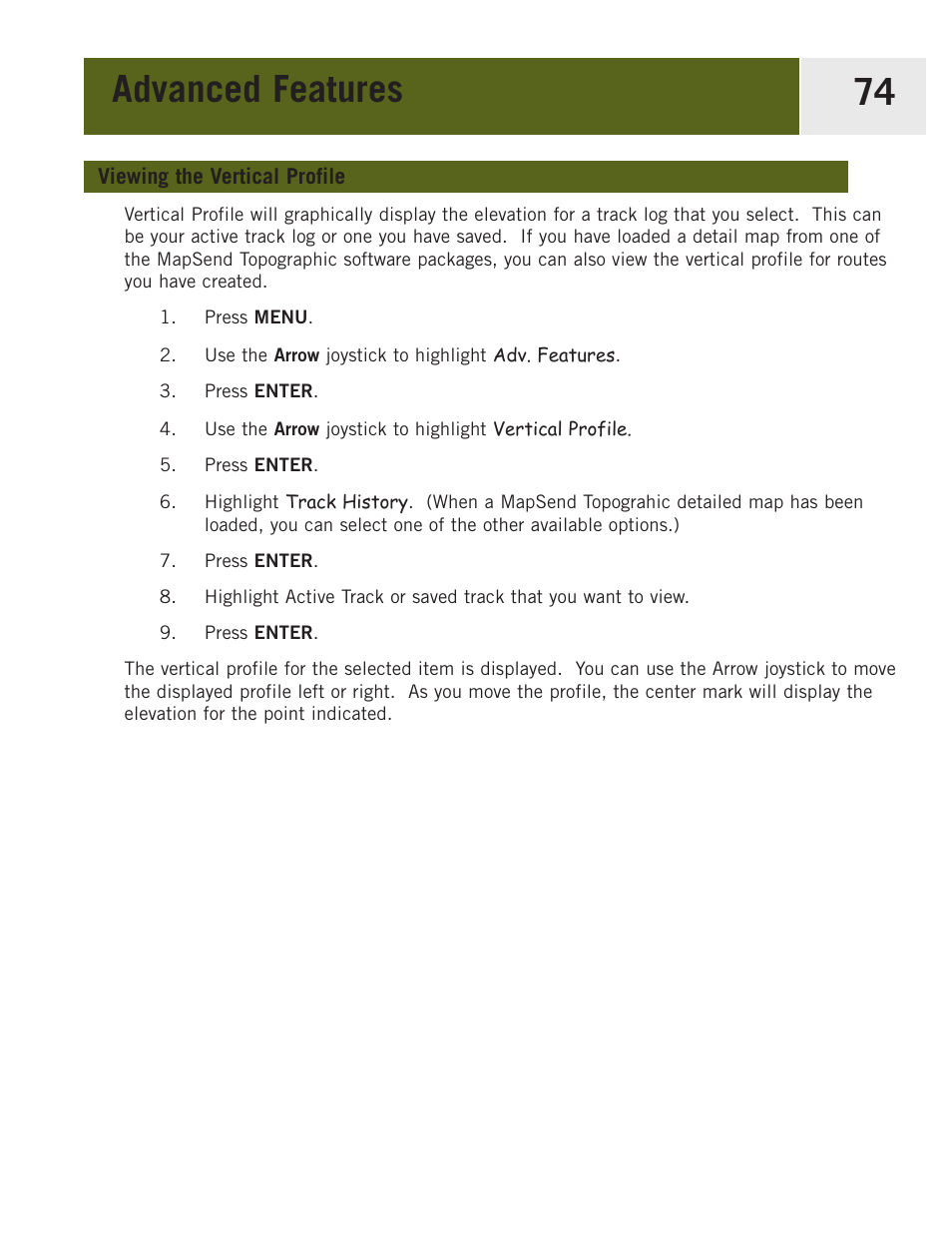 Viewing the veritcal profile, Viewing the vertical profile, Advanced features 74 | Magellan eXplorist 400 User Manual | Page 81 / 119
