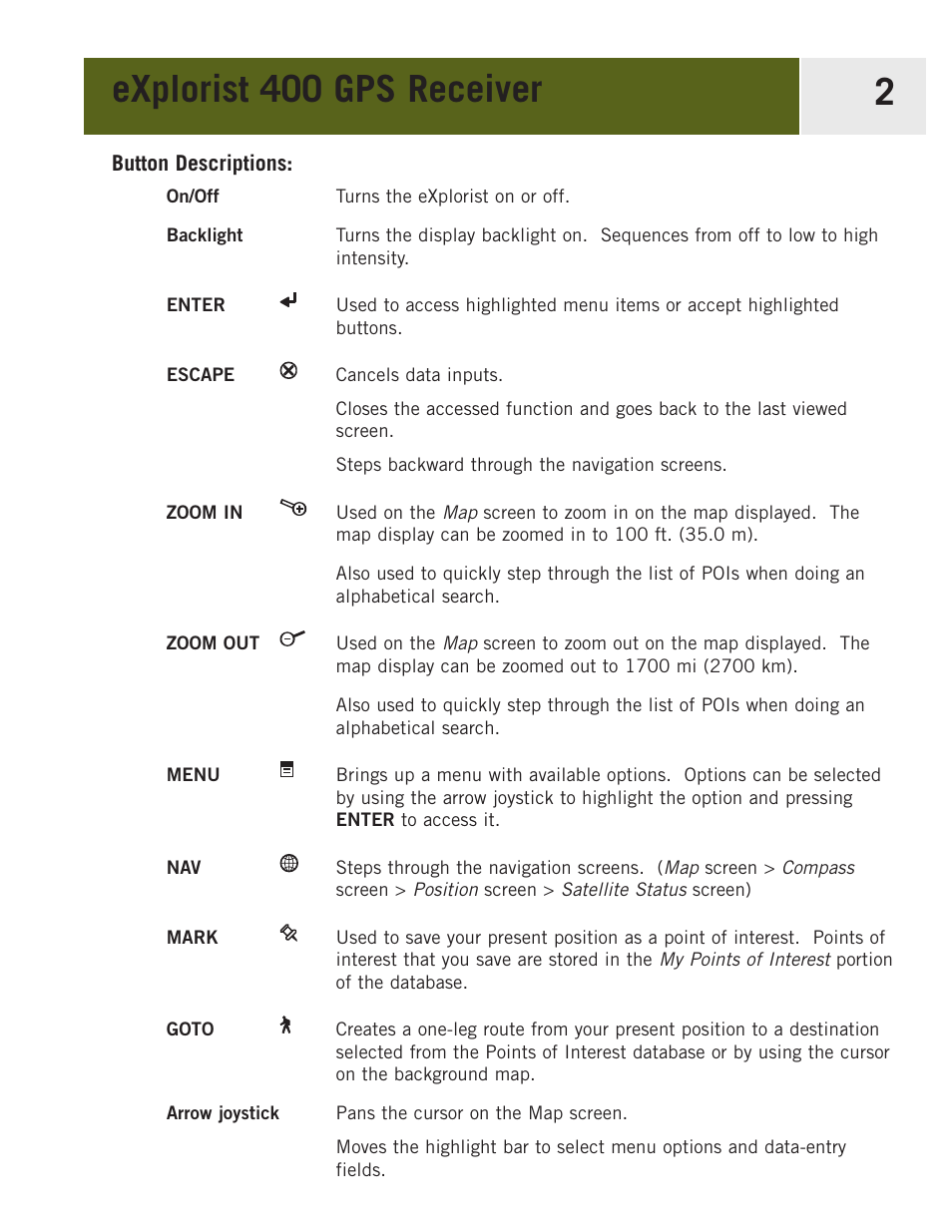 Button descriptions, Explorist 400 gps receiver 2 | Magellan eXplorist 400 User Manual | Page 9 / 119