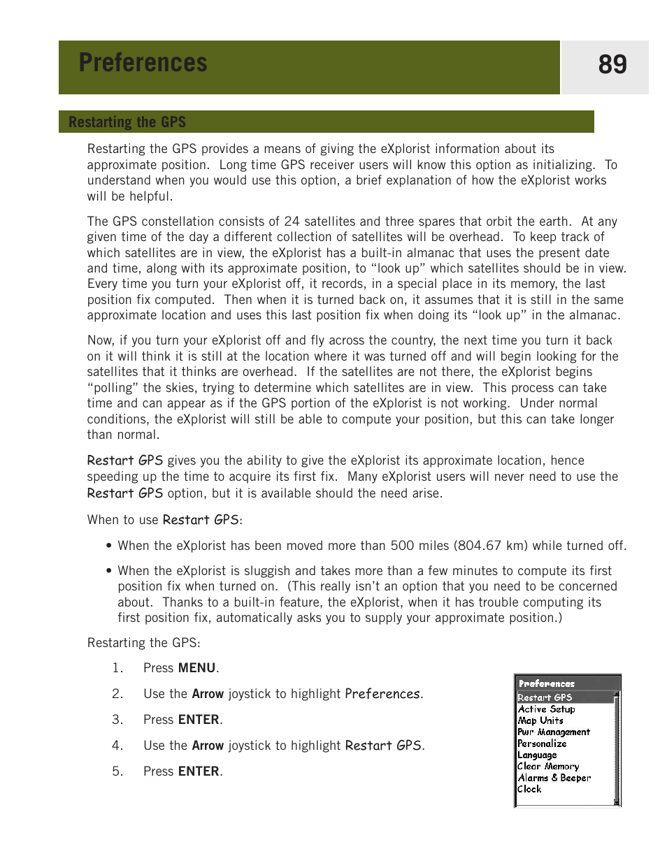 Restarting the gps, Preferences 89 | Magellan eXplorist 400 User Manual | Page 96 / 119