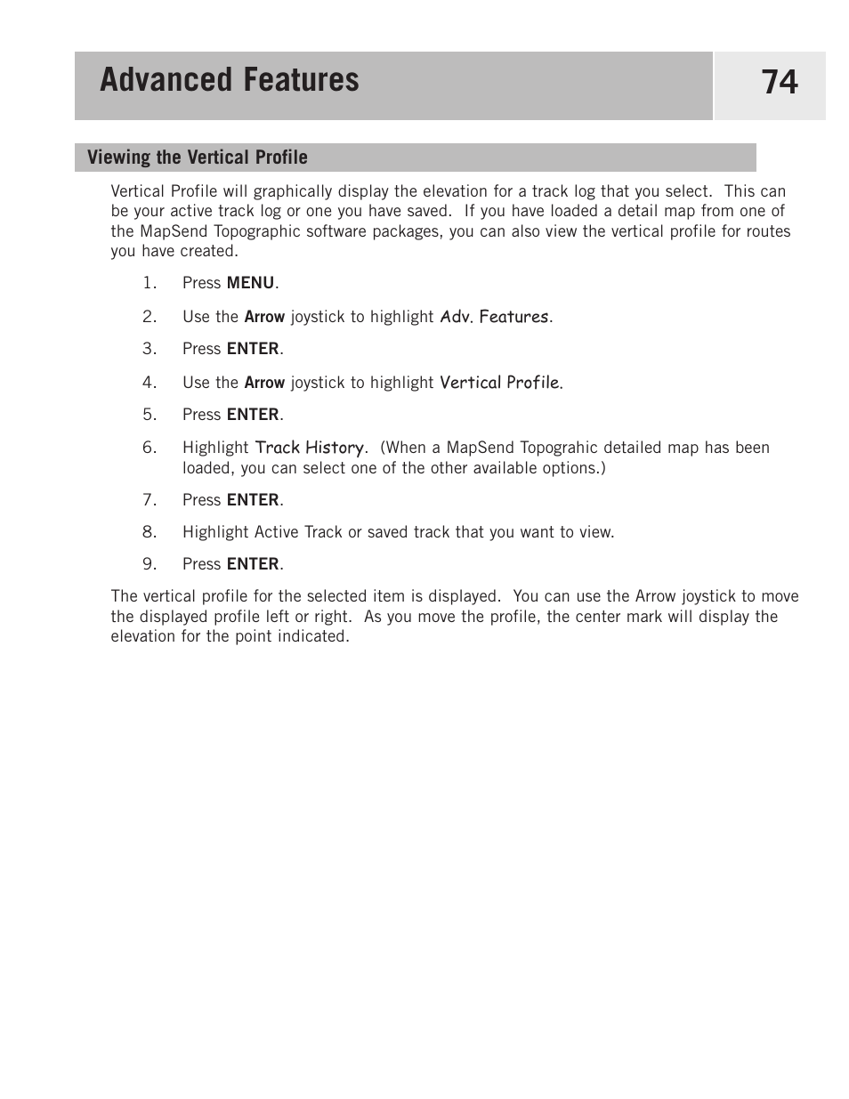 Viewing the veritcal profile, Viewing the vertical profile, Advanced features 74 | Magellan 500 User Manual | Page 81 / 119