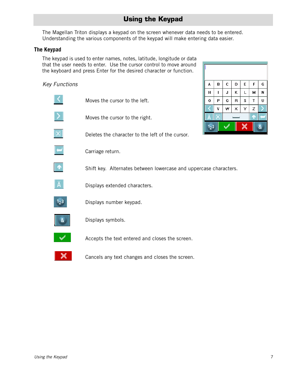 Using the keypad, The keypad, Key functions | Magellan Triton 300 User Manual | Page 14 / 30