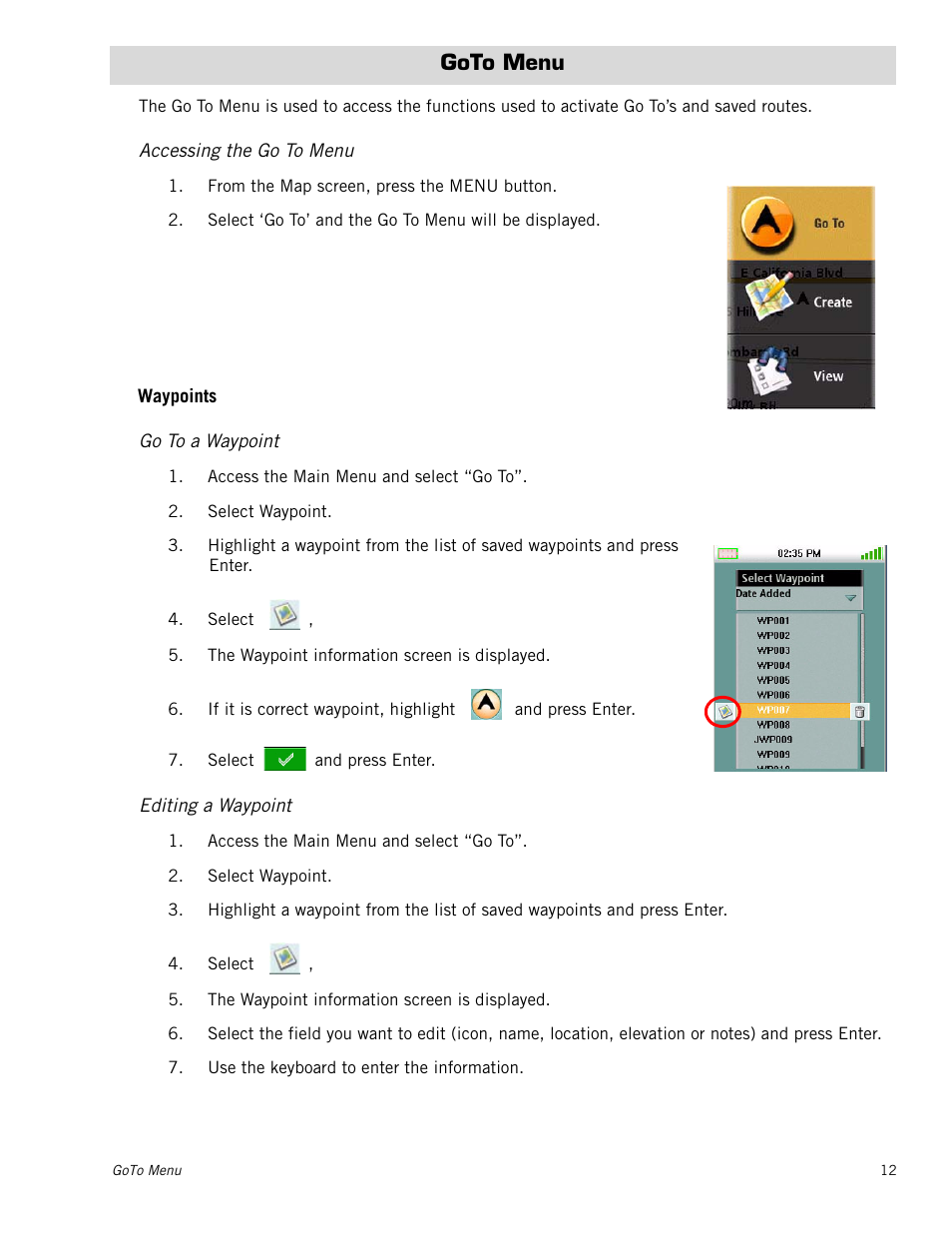 Goto menu, Accessing the go to menu, Go to a waypoint | Editing a waypoint, Waypoints | Magellan Triton 300 User Manual | Page 19 / 30