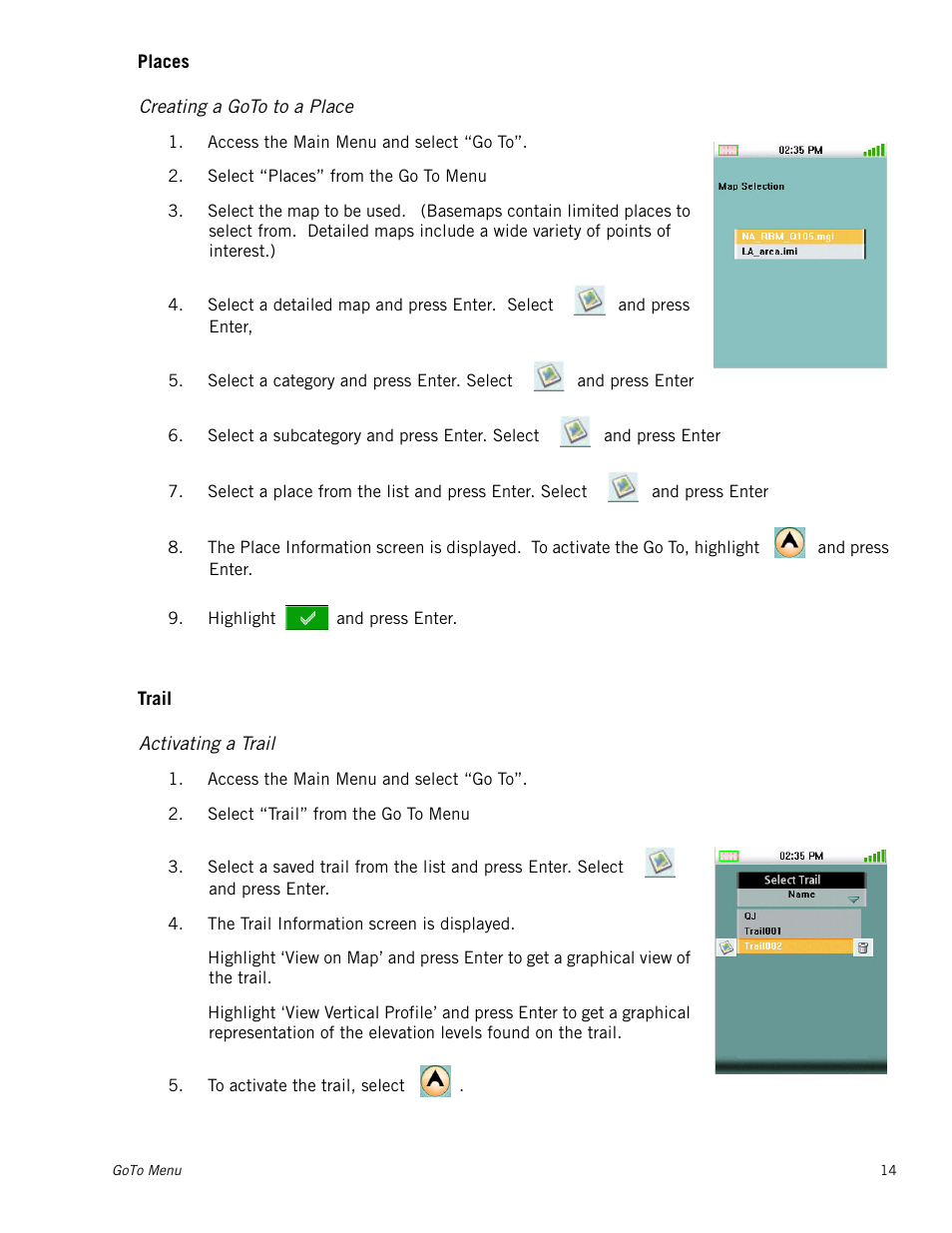 Creating a goto to a place, Activating a trail, Places | Trail | Magellan Triton 300 User Manual | Page 21 / 30