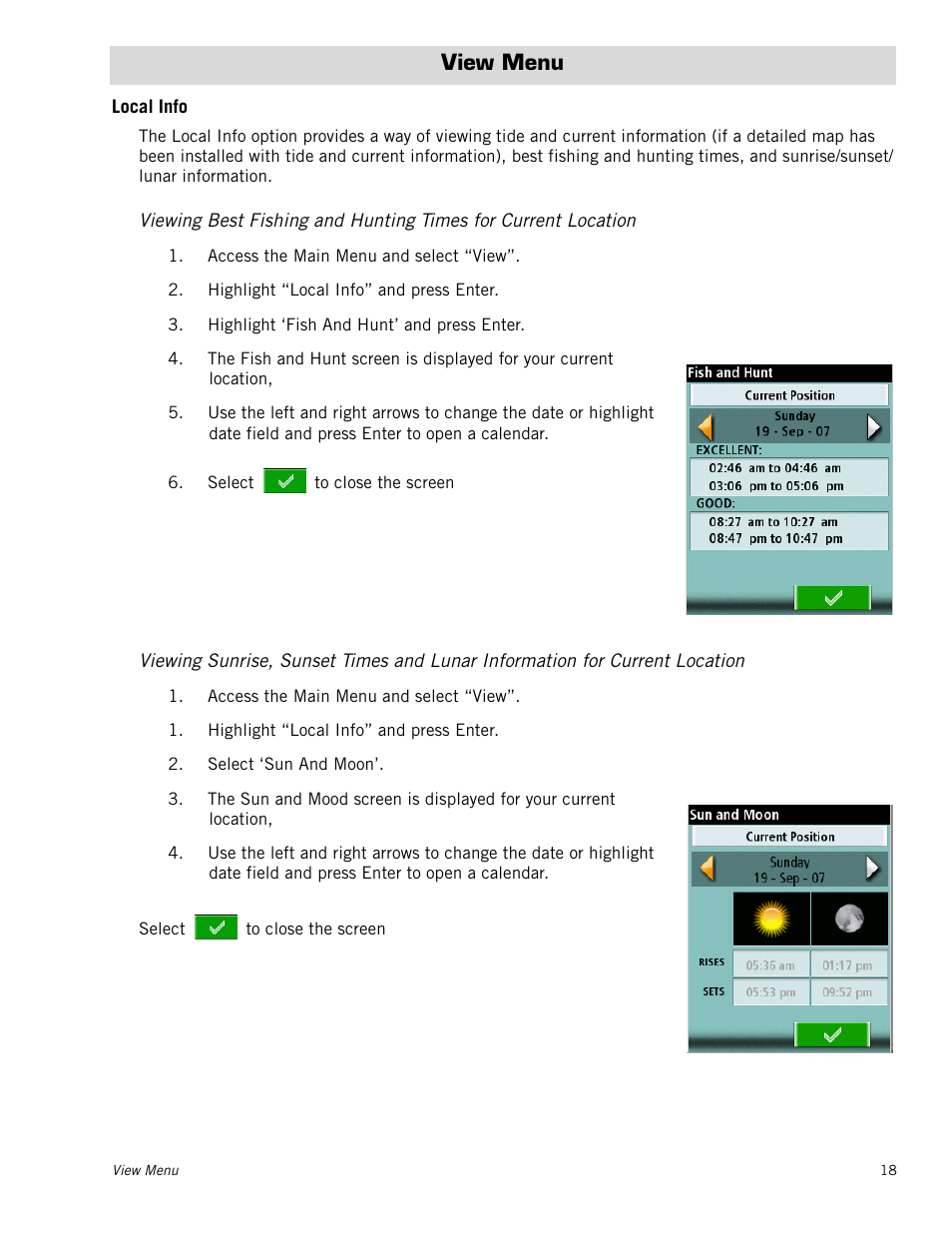 View menu, Local info, Select to close the screen | Magellan Triton 300 User Manual | Page 25 / 30