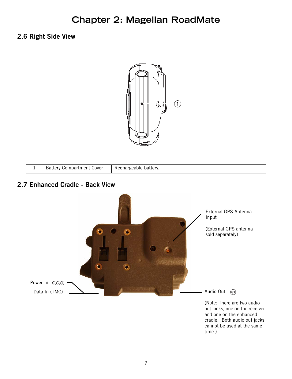 Chapter 2: magellan roadmate, 6 right side view 2.7 enhanced cradle - back view | Magellan ROADMATE 860T User Manual | Page 16 / 106