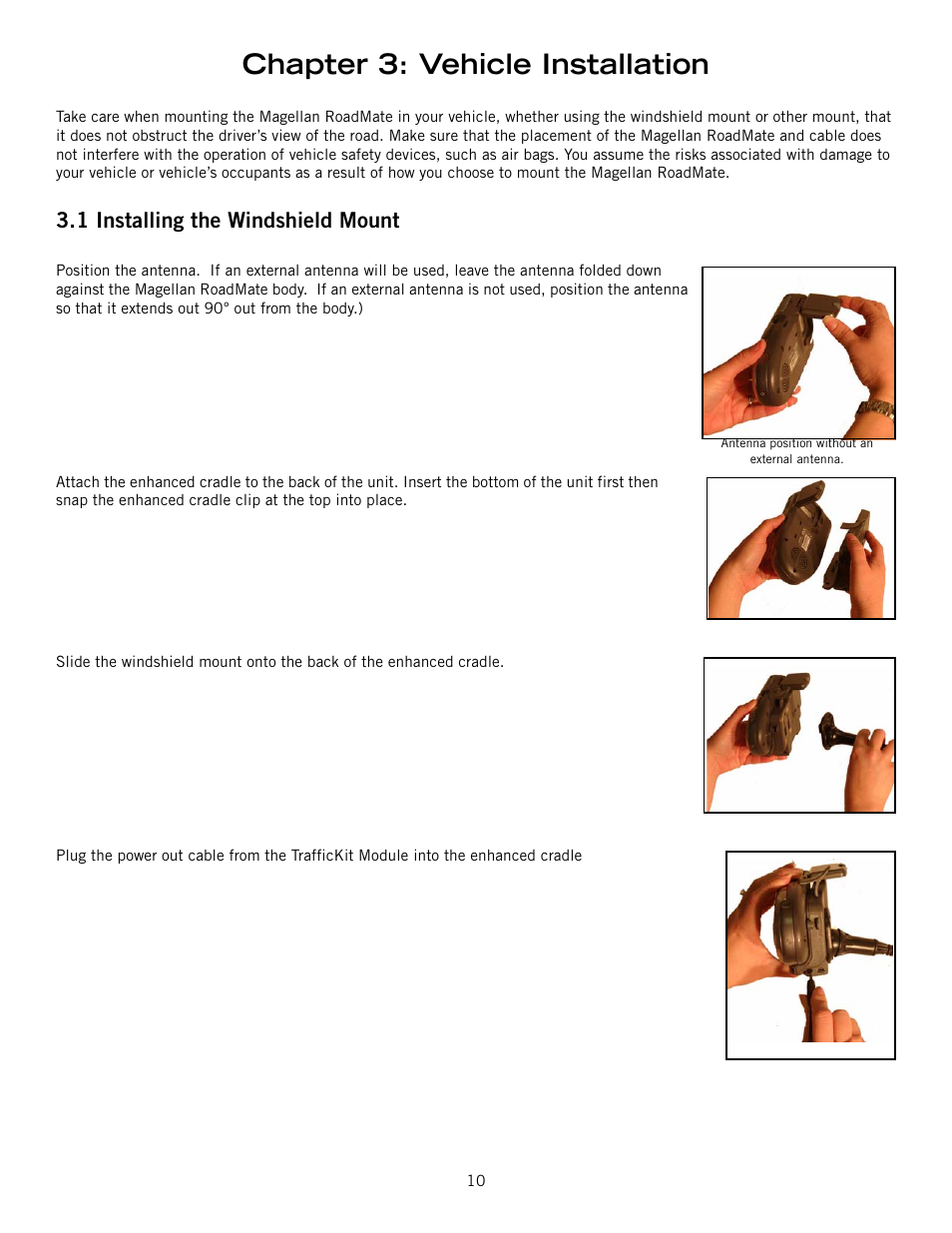 Chapter 3: vehicle installation, 1 installing the windshield mount | Magellan ROADMATE 860T User Manual | Page 19 / 106