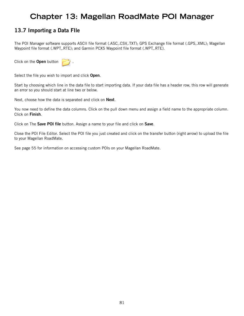Chapter 13: magellan roadmate poi manager, 7 importing a data file | Magellan ROADMATE 860T User Manual | Page 90 / 106