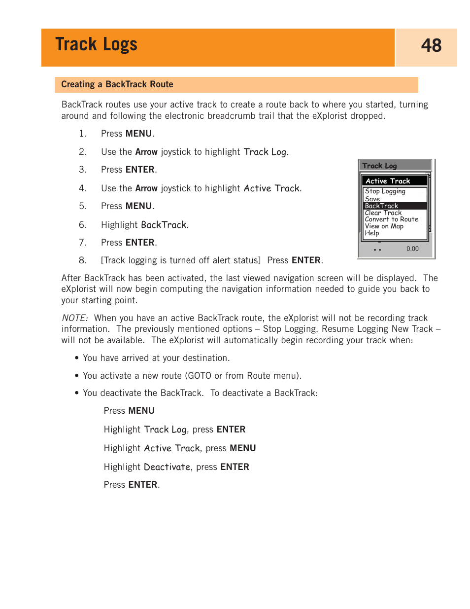 Creating a backtrack route, Track logs 48 | Magellan eXplorist 100 User Manual | Page 53 / 77