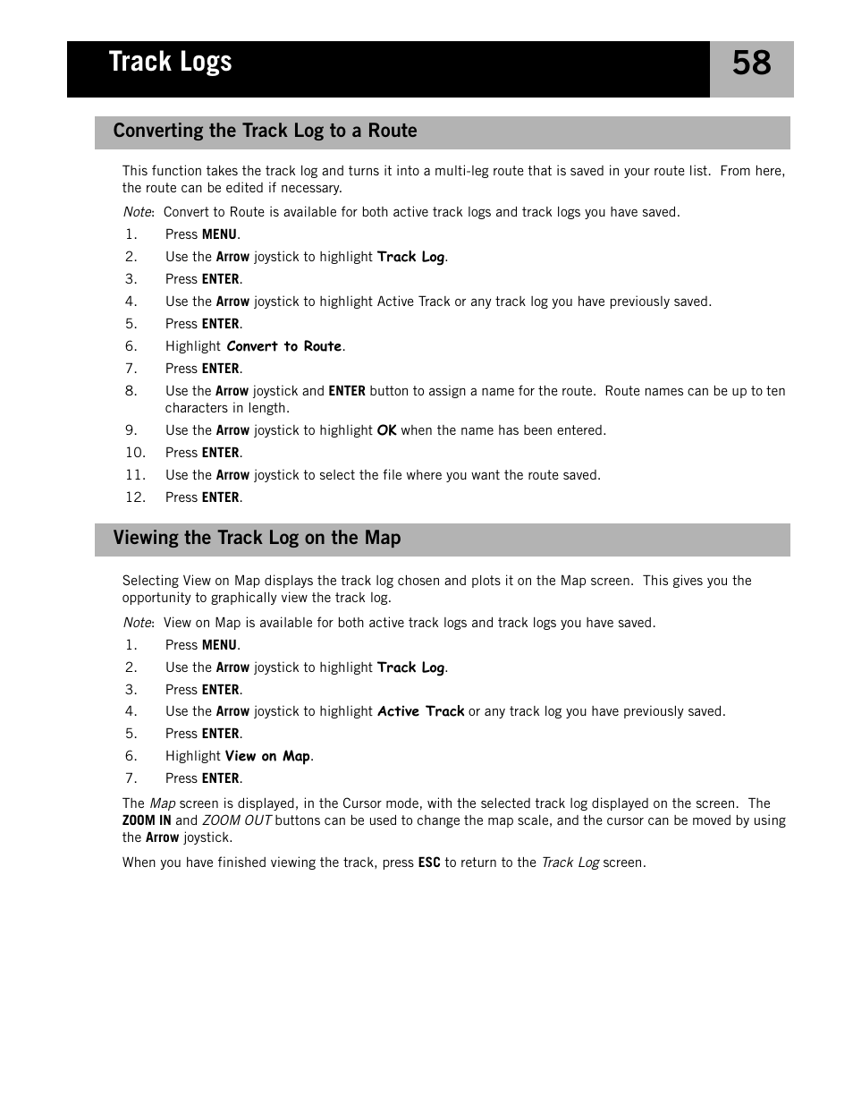 Viewing the track log on the map, Converting the track log to a route, Track logs | Magellan eXplorist 210 User Manual | Page 61 / 98