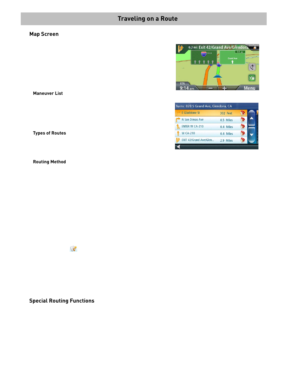 Traveling on a route, From the main menu, tap the settings icon, Tap navigation preferences | From the map screen, tap menu, Map screen, Maneuver list, Types of routes, Routing method, To permanently change the routing method, Special routing functions | Magellan RoadMate 3030 User Manual | Page 31 / 39