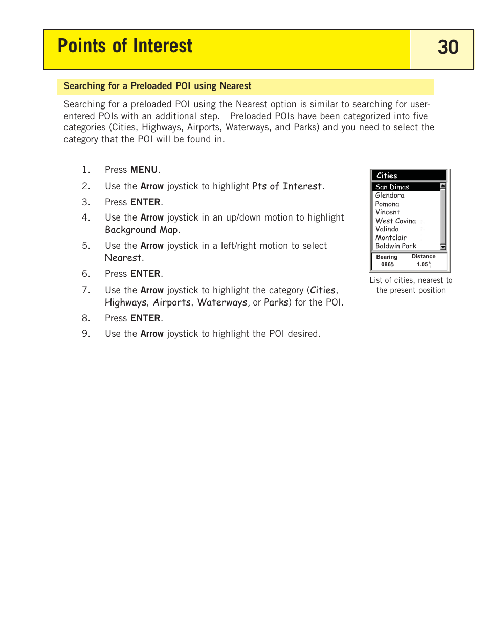 Searching for a preloaded poi using nearest, Points of interest 30 | Magellan eXplorist 200 User Manual | Page 35 / 83
