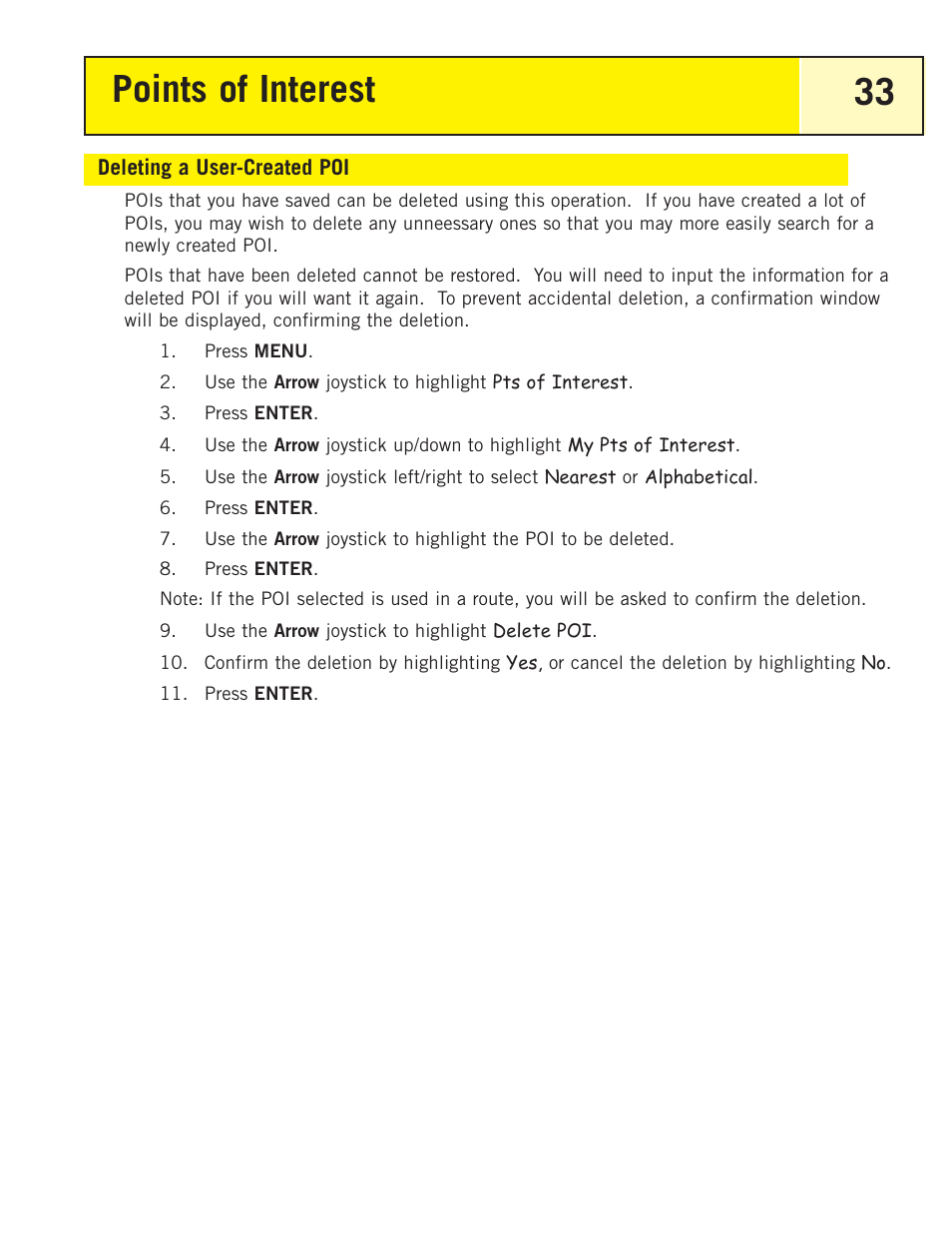 Deleting a user-created poi, Points of interest 33 | Magellan eXplorist 200 User Manual | Page 38 / 83