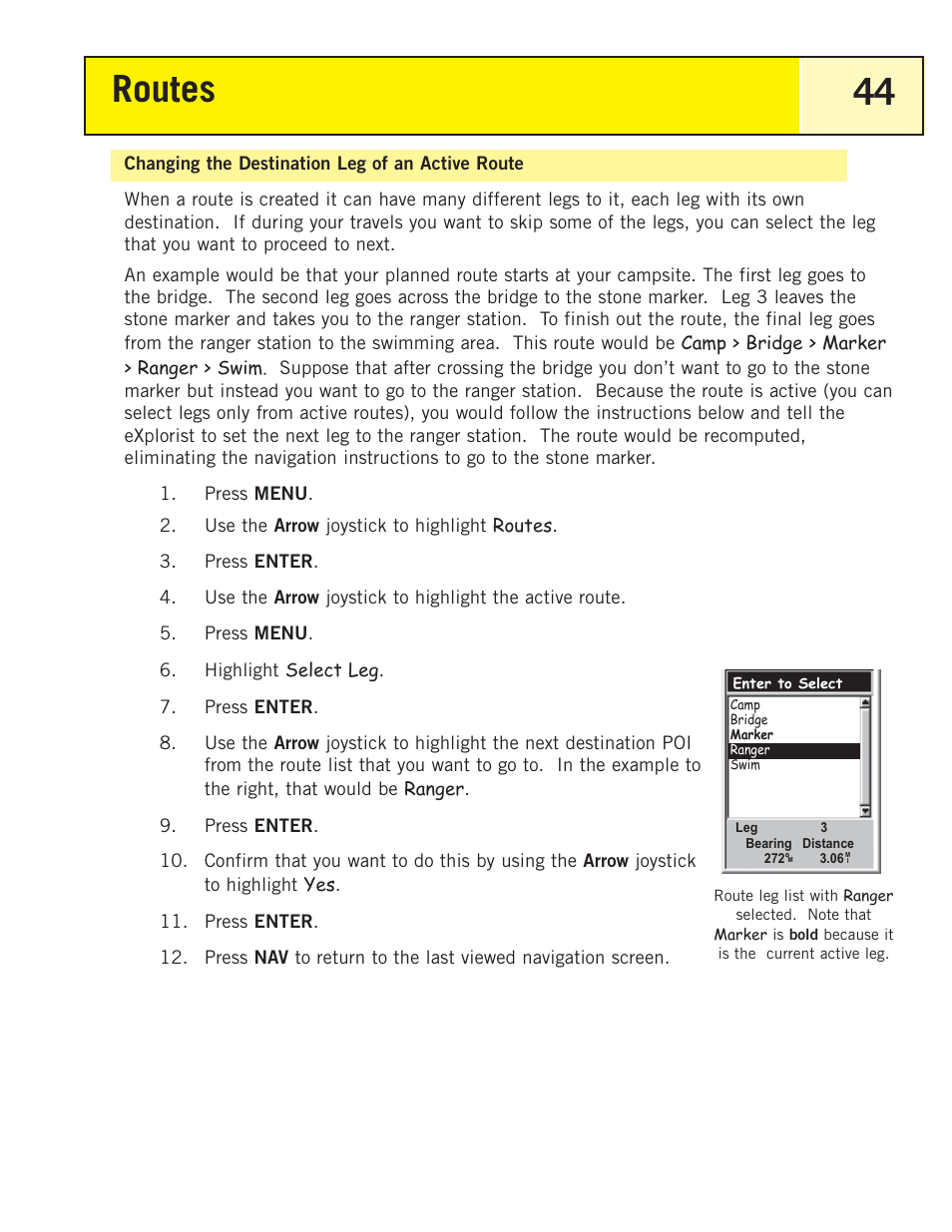 Changing the destination leg of an active route, Routes 44 | Magellan eXplorist 200 User Manual | Page 49 / 83